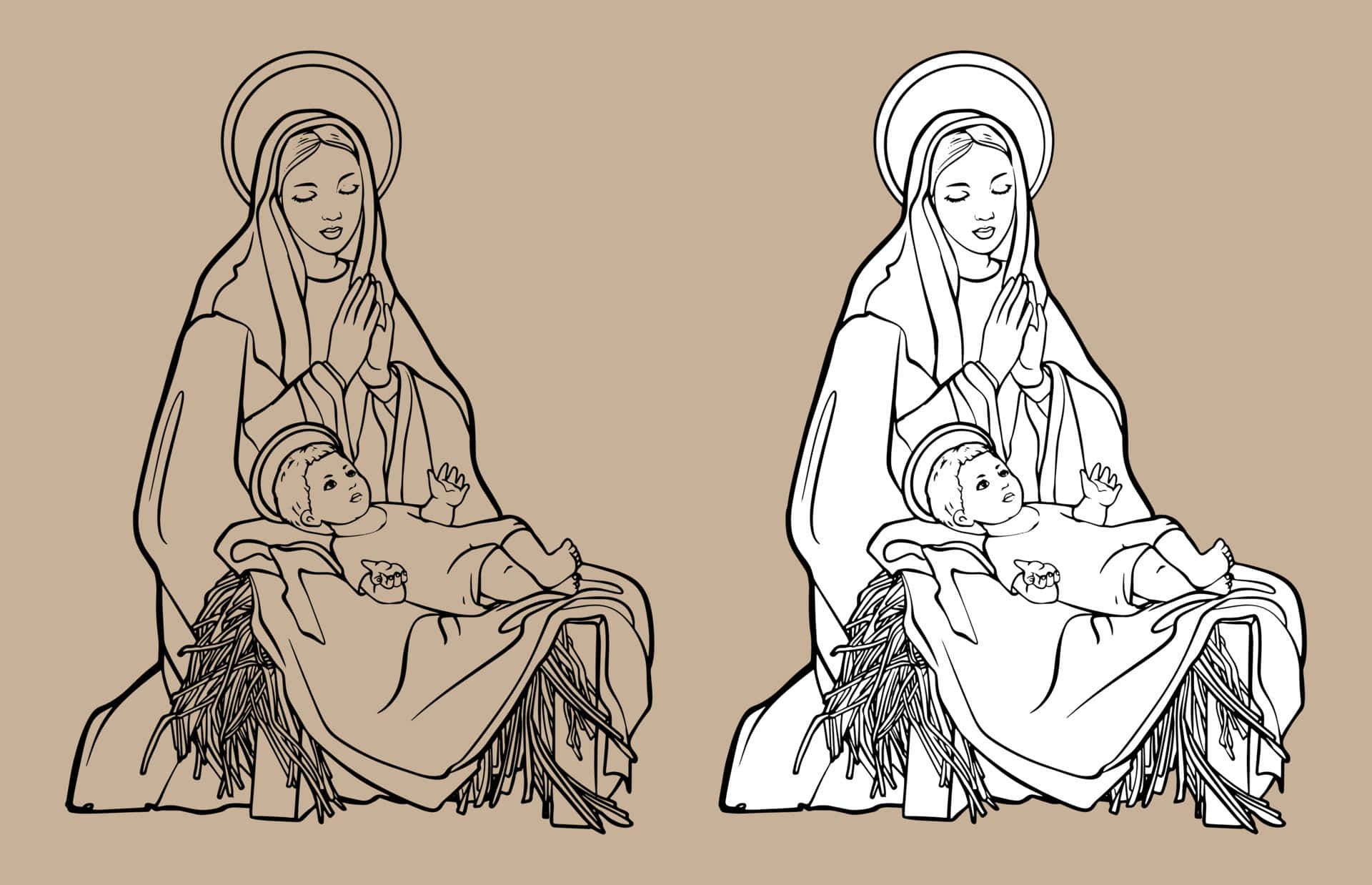 Nativity Scene 桌布 壁紙 — 兩個聖母瑪利亞懷抱嬰兒耶穌的插圖版本，一個是棕褐色調，另一個是白色，背景為米色。