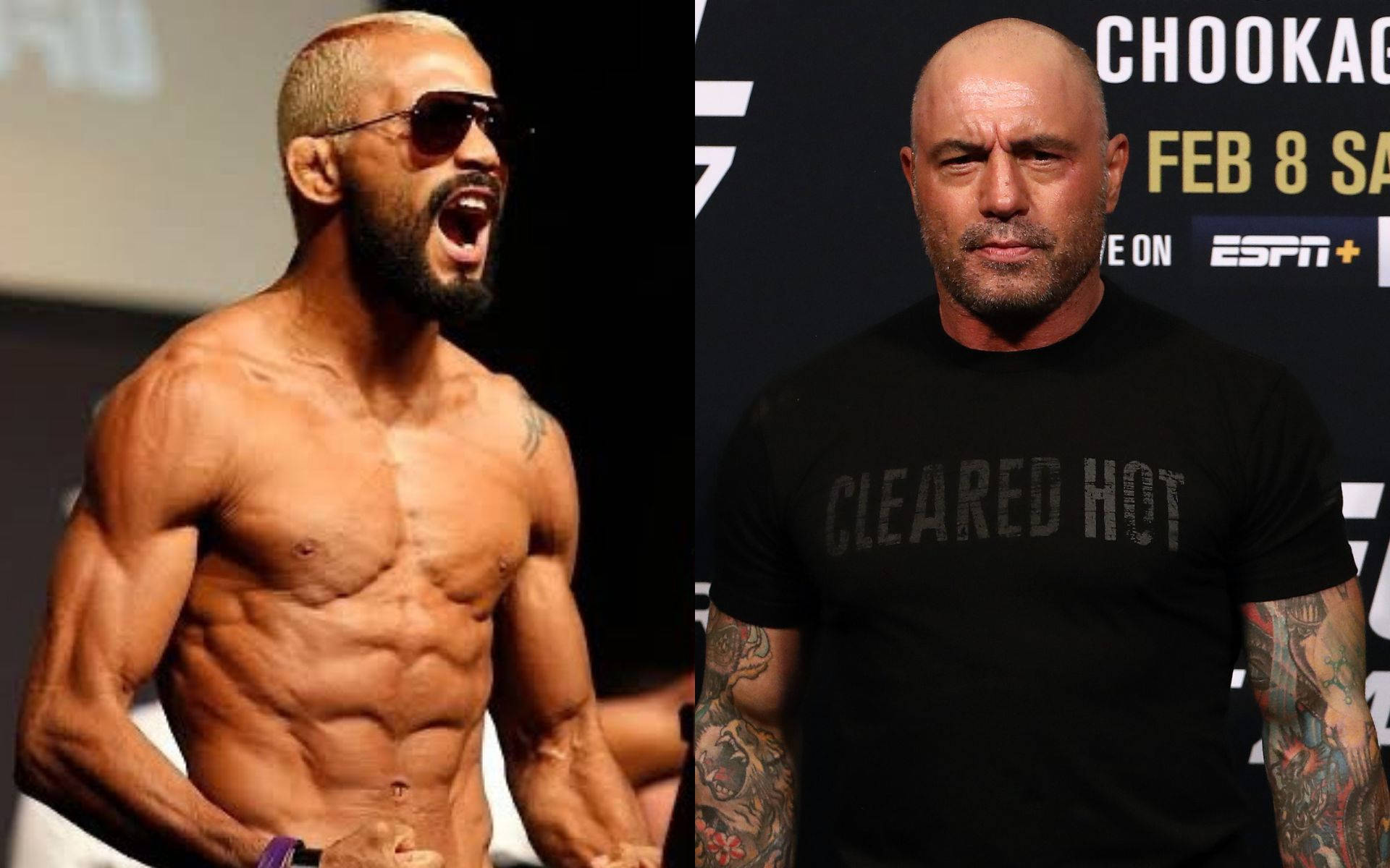 MMA 桌布 壁紙 — 兩個肌肉男，一個赤裸上身咆哮，另一個穿著有刺青的黑色T恤，在格鬥活動中。
