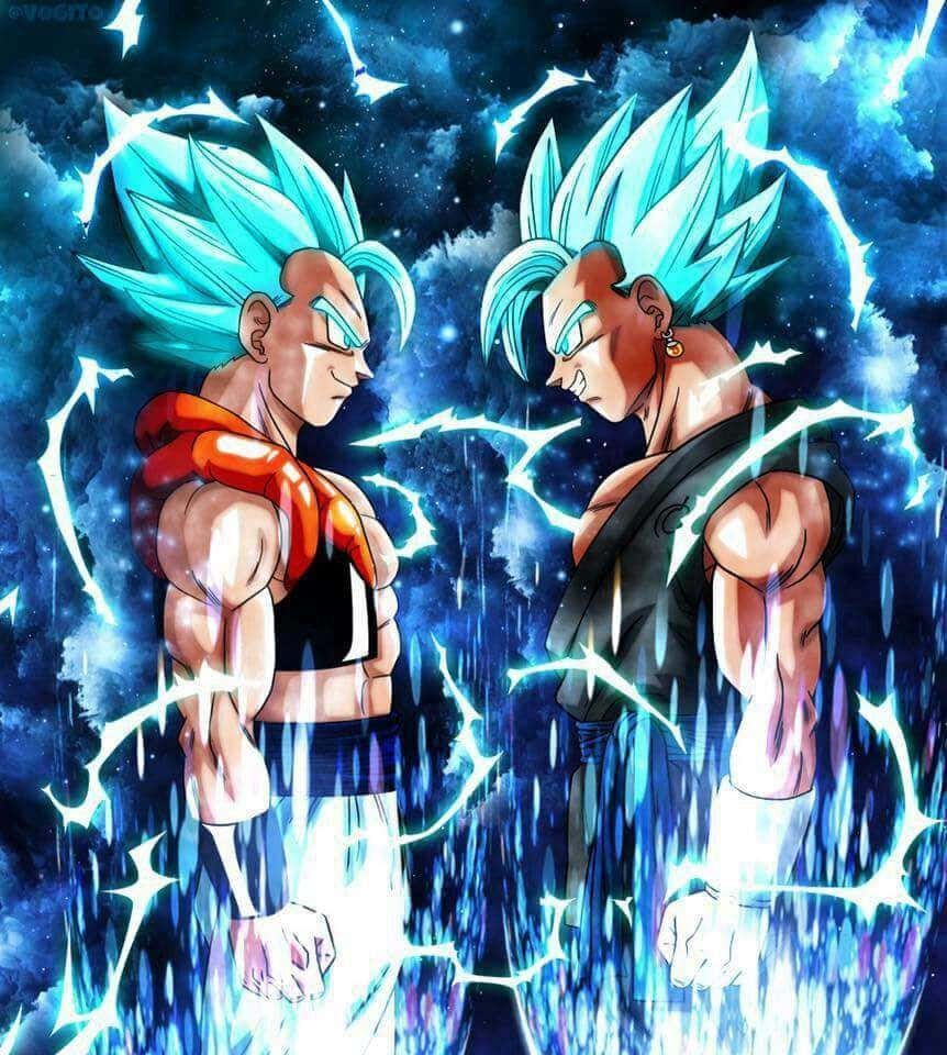 Gogeta And Vegito 桌布 壁紙 — 兩個肌肉發達、擁有尖刺藍色頭髮的動漫戰士，在充滿電光藍色能量和星雲的宇宙風暴中對峙。