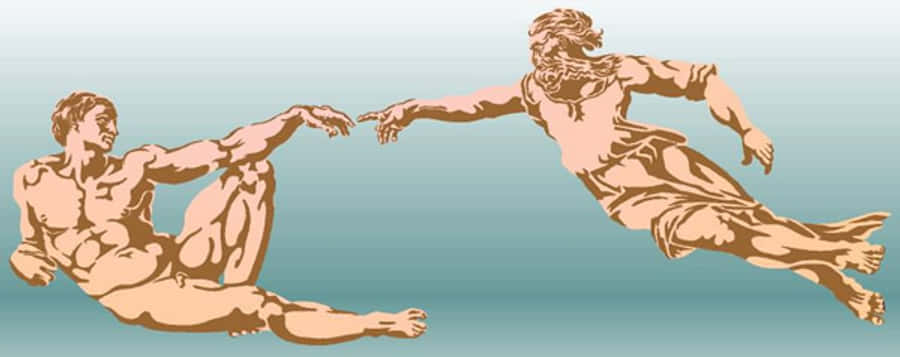 Creation Of Adam 4K 桌布 壁紙 — 兩個肌肉發達的人物以動態姿勢互相伸手，背景為柔和漸變色。