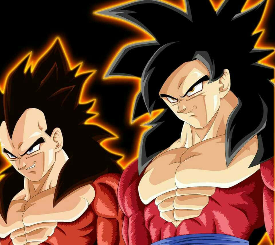 Goku Ssj4 桌布 壁紙 — 兩個肌肉發達的動漫戰士，身穿紅色道服，頭髮豎起，在黑色背景前散發出火焰般的光環。