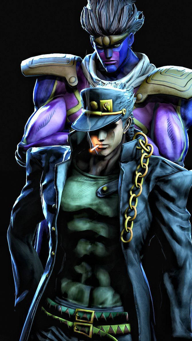 Jotaro 桌布 壁紙 — 兩個肌肉發達的動漫角色，一個紫色皮膚和金色盔甲站在另一個抽煙的 trench coat 男人後面，背景為黑色。
