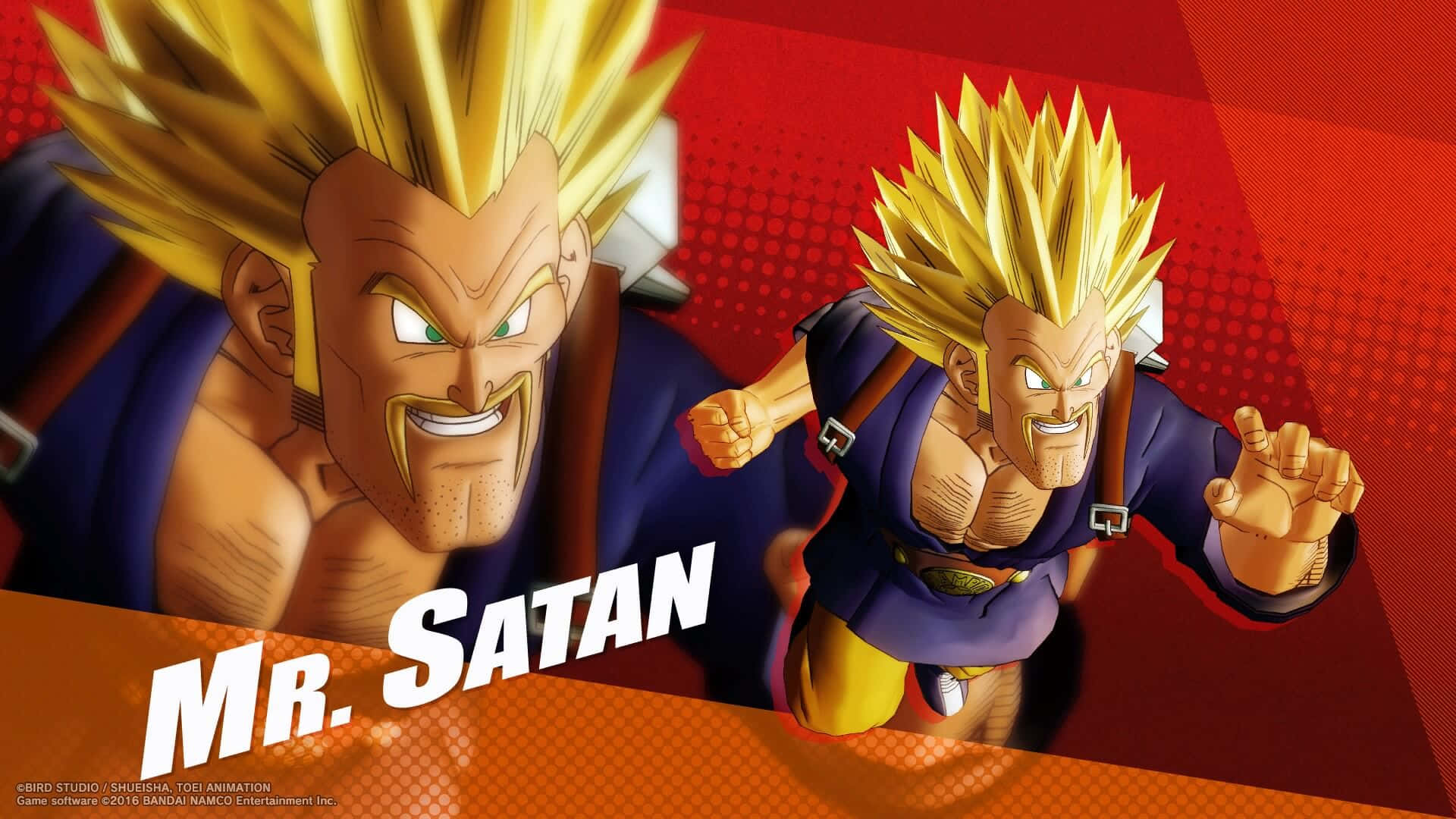 Hercule Satan 桌布 壁紙 — 兩個肌肉發達的動漫角色，有著尖刺金髮和兇猛表情，在鮮明的紅色和橙色背景前向前衝刺。