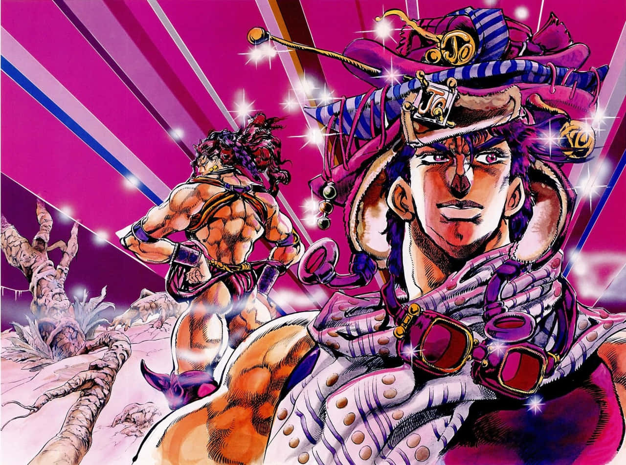 Jojo's Bizarre Adventure Kars 桌布 壁紙 — 兩個肌肉發達的動漫角色，身穿鮮豔的紫色和粉紅色服裝，英雄般地站在光芒四射的條紋背景前。