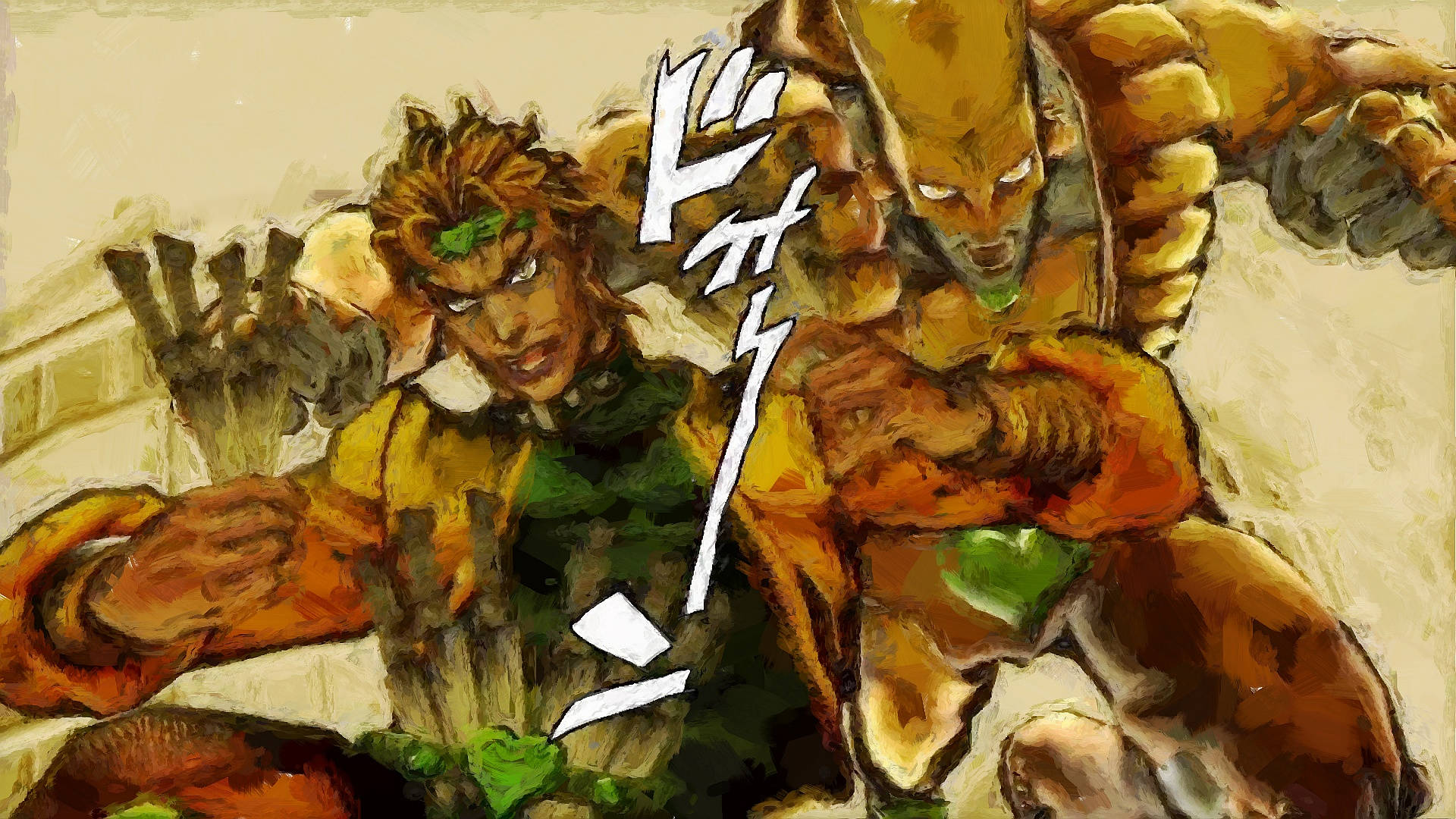 jojo 4K 桌布 壁紙 — 兩個肌肉發達的動漫角色在充滿動感、如畫般的打鬥場景中碰撞，帶有鮮明的橙色和綠色色調。