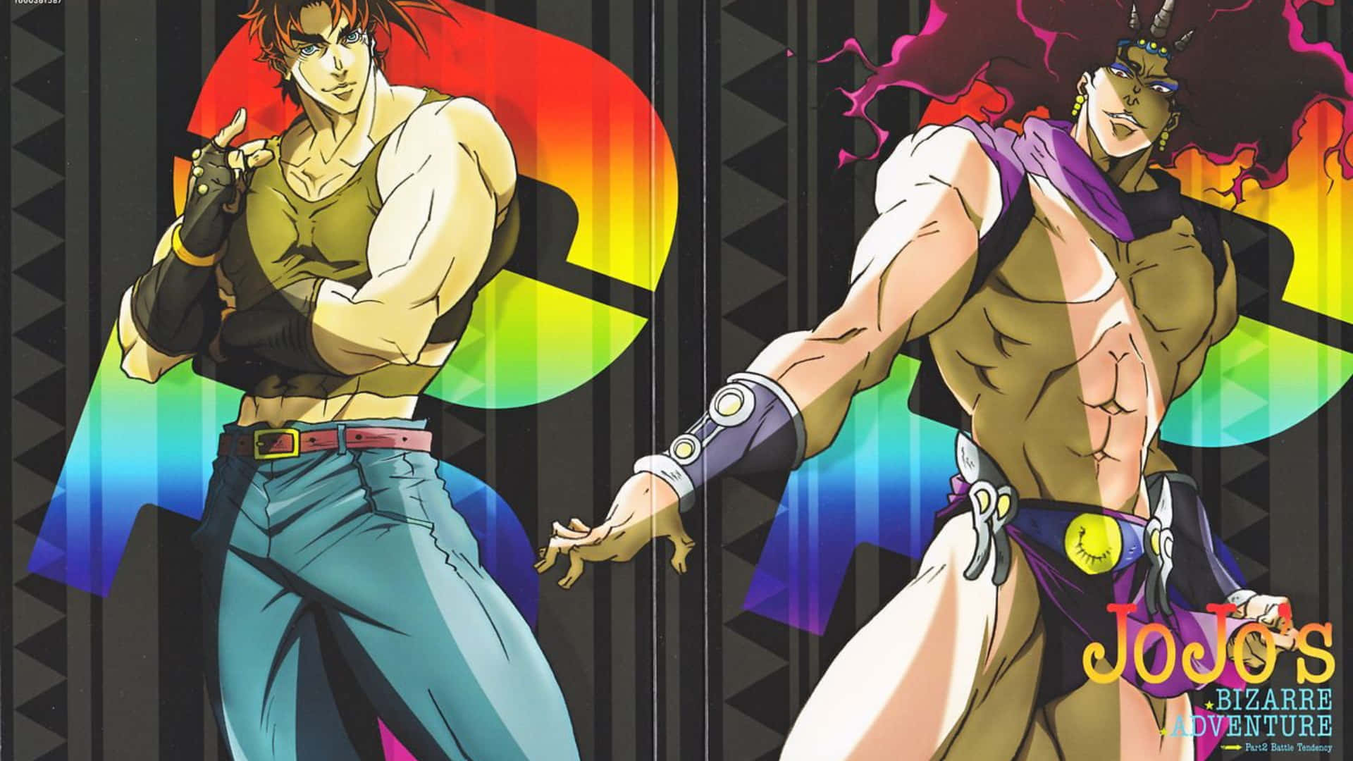 Battle Tendency 桌布 壁紙 — 兩個肌肉發達的動漫角色在充滿活力的彩虹和幾何背景前動態擺姿勢。