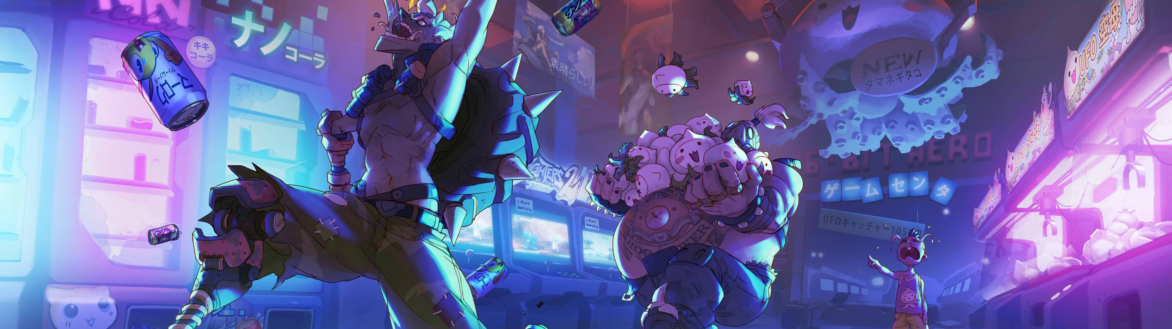 電玩遊戲 桌布 壁紙 — 兩個肌肉發達的動漫角色在充滿霓虹燈的 cyberpunk 小巷中戰鬥，漂浮的罐子和發光的標誌。