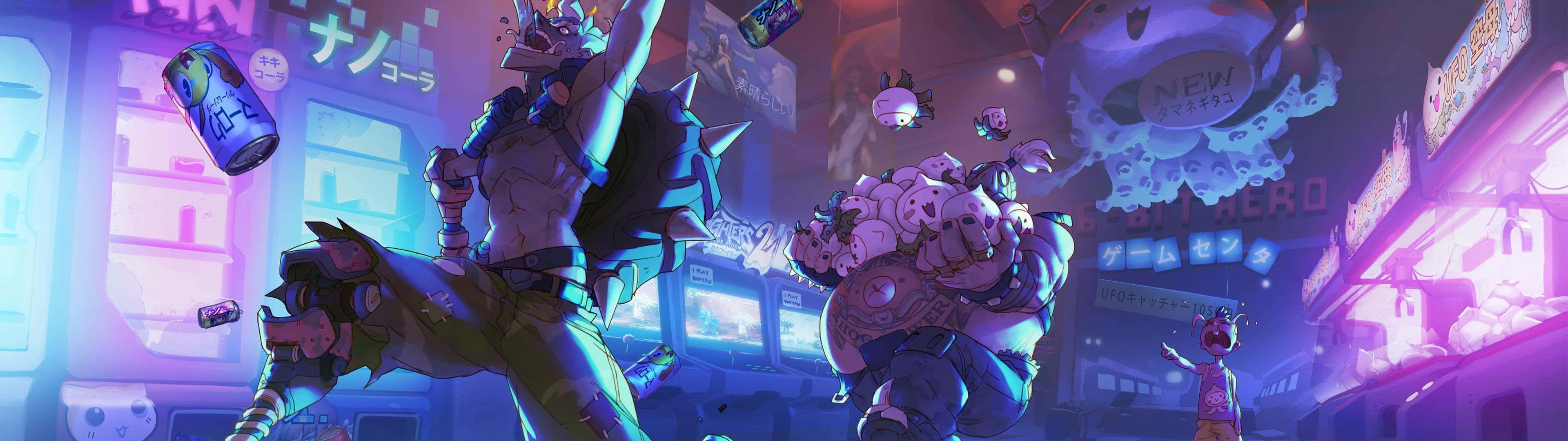 桌布 壁紙 — 兩個肌肉發達的動漫角色在充滿霓虹燈的賽博龐克遊戲機中心內打鬥，周圍有漂浮的罐子和發光的招牌。