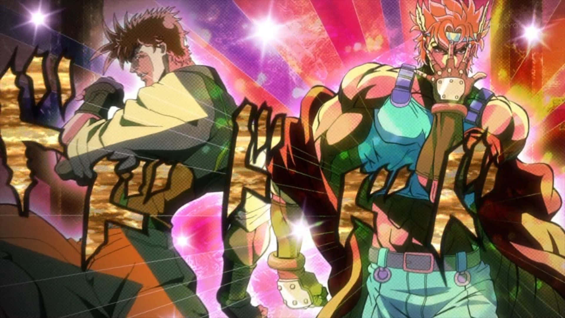 Jojo Manga 桌布 壁紙 — 兩個肌肉發達的動漫角色在粉紅色、紫色和橙色的能量爆炸中碰撞，伴隨著發光的星爆。