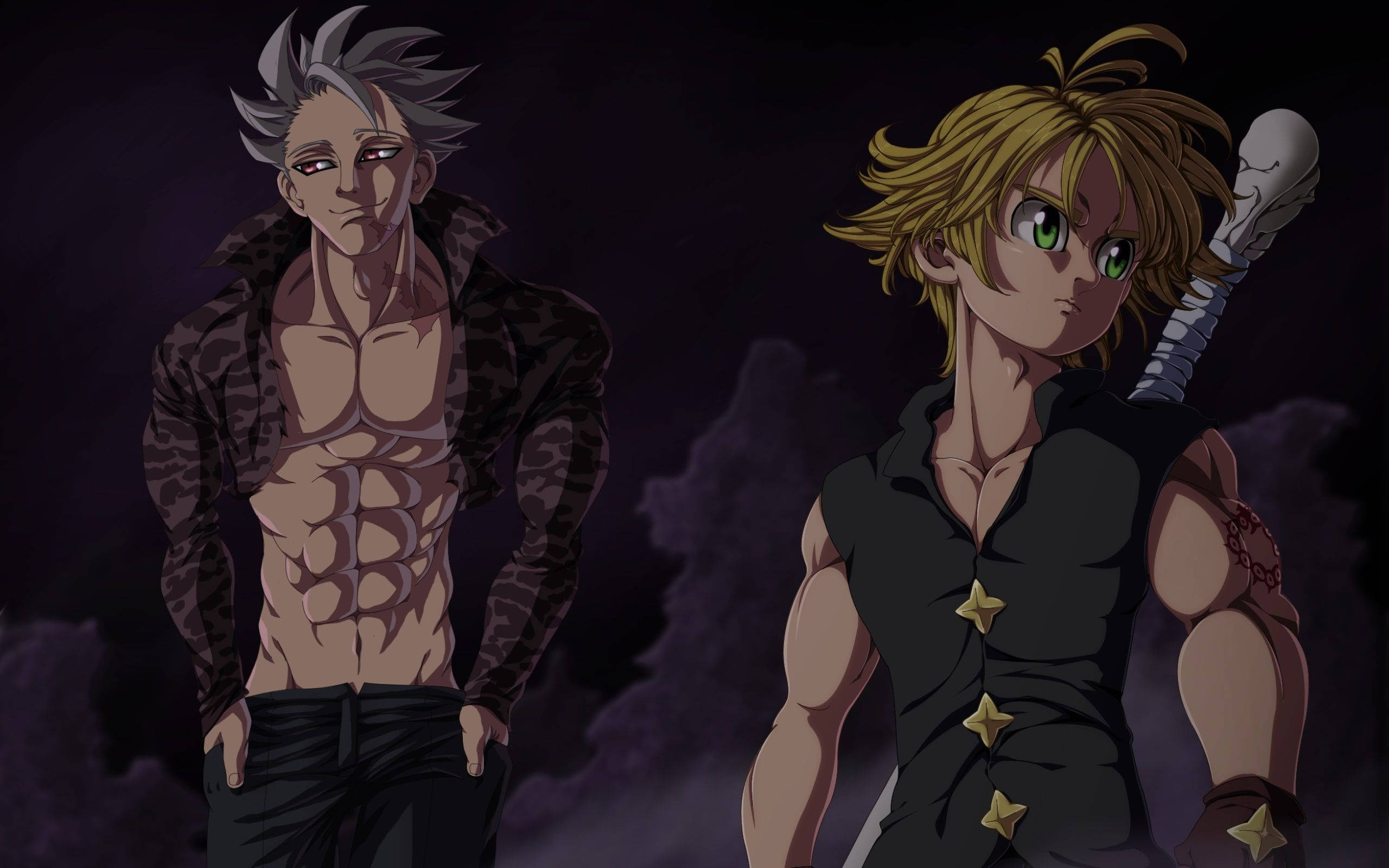 Meliodas 桌布 壁紙 — 兩個肌肉發達的動漫角色站在黑暗暴風雨的天空下，一個銀髮敞開外套，另一個金髮綠眼，手持骷髏頭杖。
