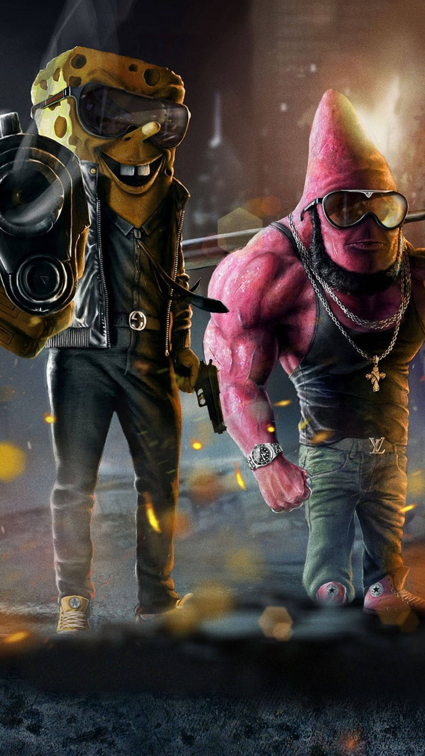 Gangster Spongebob 桌布 壁紙 — 兩個肌肉發達的卡通角色，戴著太陽眼鏡和街頭服飾，自信地站在發光的餘燼和煙霧中。