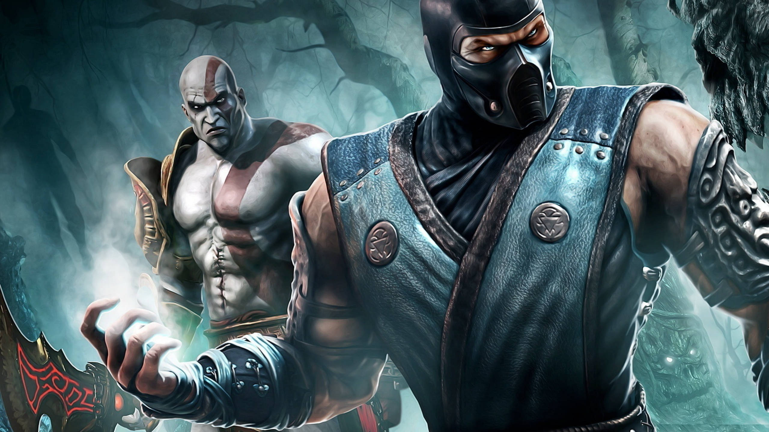Sub-zero 桌布 壁紙 — 兩個肌肉發達的戰士身穿黑色盔甲，站在霧氣瀰漫的森林中，一個揮舞著發光的武器，另一個戴著威脅性的面具。