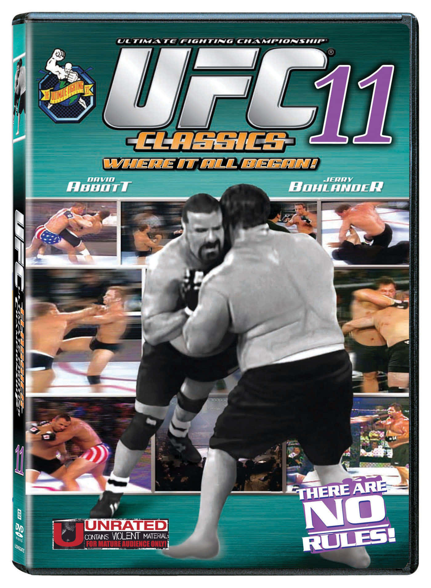 UFC 桌布 壁紙 — 兩個肌肉發達的拳手在UFC 11 DVD封面上激烈纏鬥， featuring 動作鏡頭和粗體文字。