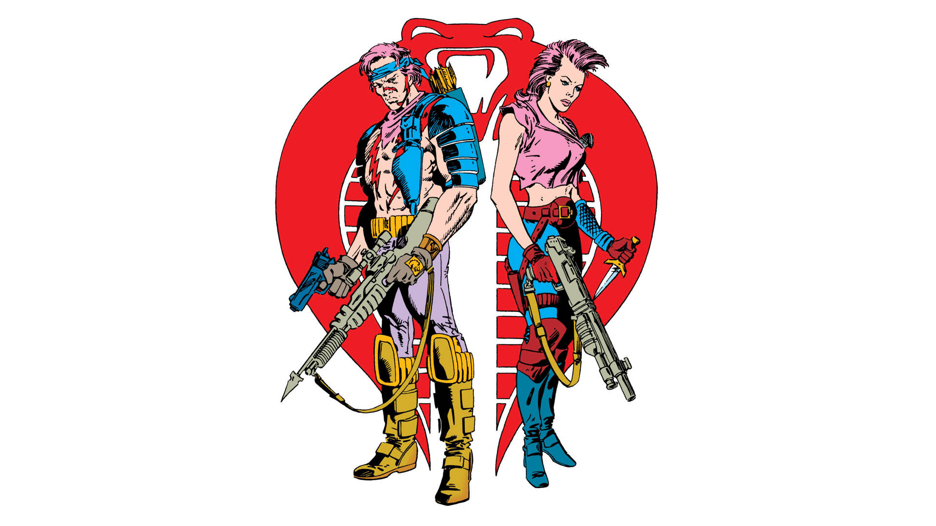 Gi Joe 桌布 壁紙 — 兩個肌肉發達的漫畫角色，擁有粉紅色頭髮和戰術裝備，手持武器準備對抗紅色蛇標誌。