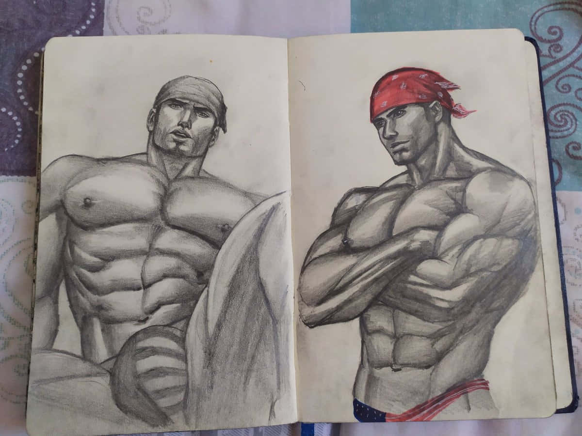 Sketch Art 桌布 壁紙 — 兩個肌肉發達的男人用鉛筆素描繪製，一個戴紅色頭巾和美國國旗短褲，另一個戴頭帶，兩者都在素描本中。