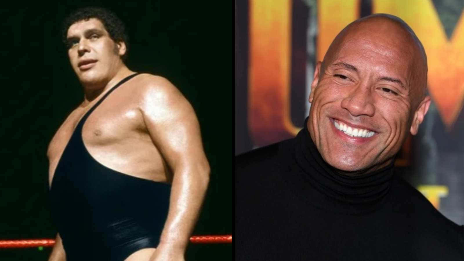 The Rock 桌布 壁紙 — 兩個肌肉發達的男人的分割圖像，一個穿著摔角裝備，另一個穿著黑色高領毛衣，兩人都自信地微笑。