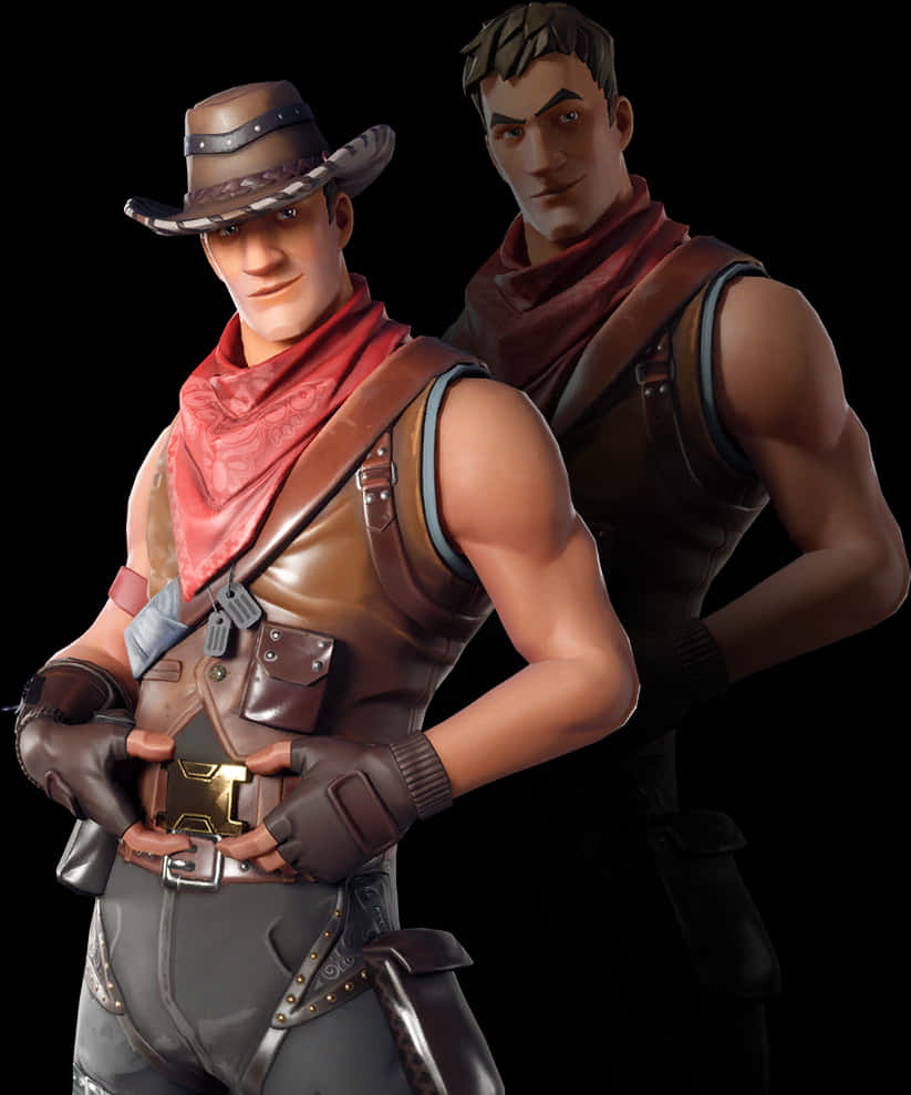 Fortnite Default Skin 桌布 壁紙 — 兩個肌肉發達的男性角色穿著牛仔風格裝備，自信地站在黑色背景前，一個戴著帽子和紅色頭巾，另一個戴著圍巾。
