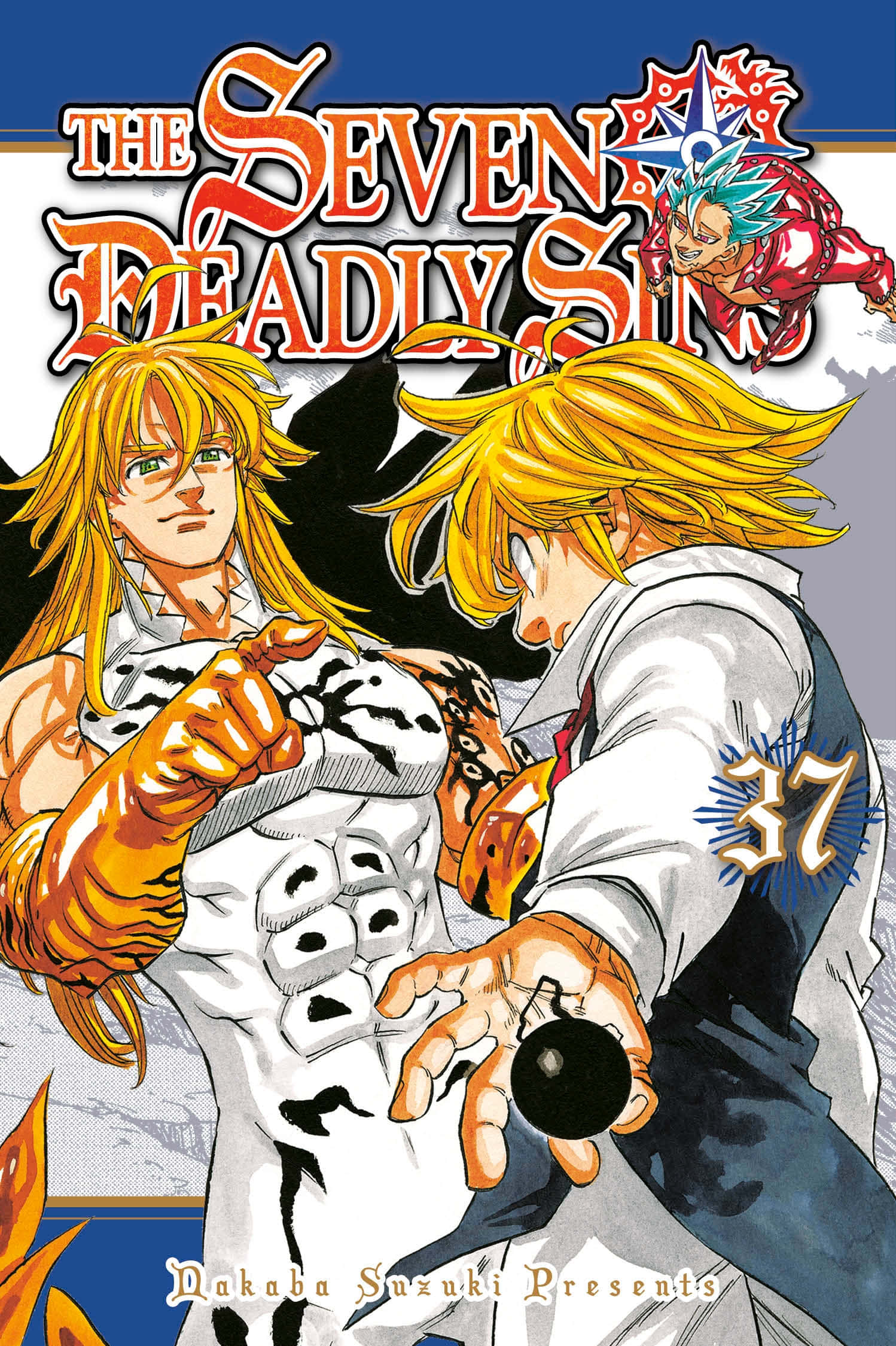 The Seven Deadly Sins 桌布 壁紙 — 兩個肌肉發達的金髮動漫戰士在動態動作中碰撞，一個指向前方，另一個手持黑色球體，背景是醒目的漫畫書封面。