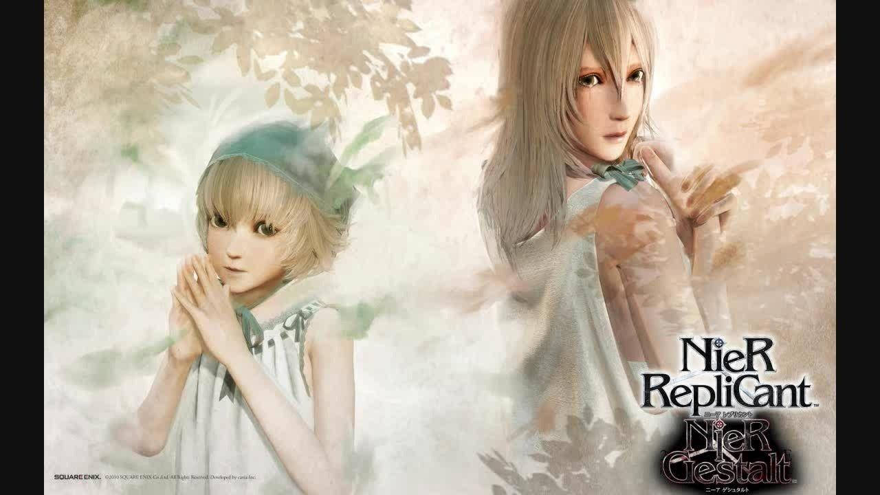 Nier 桌布 壁紙 — 兩個肌膚蒼白、頭髮柔軟淺色的空靈動漫女孩，站在飄浮的樹葉中，身處夢幻的柔和色調森林場景。