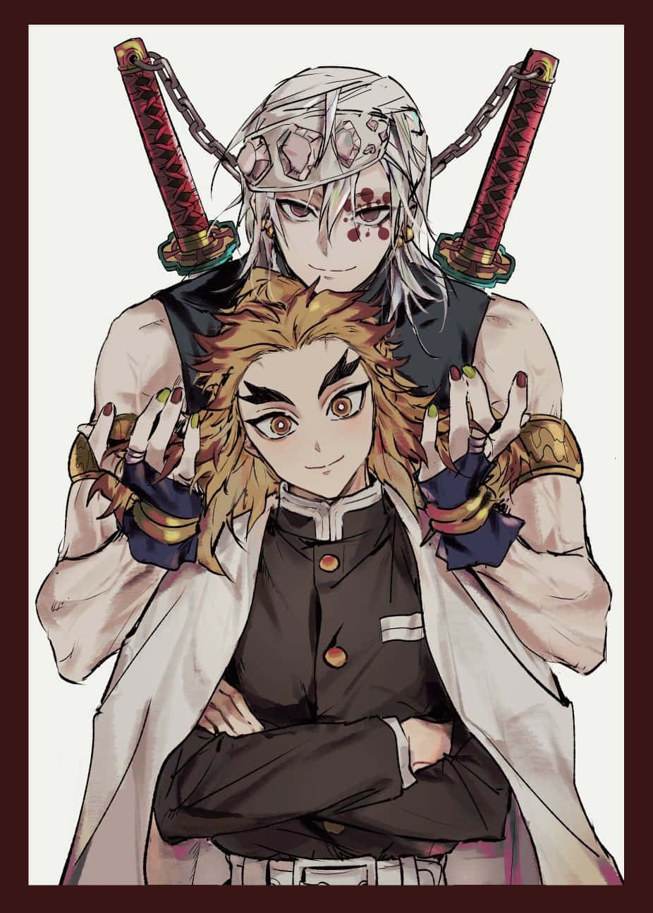 Rengoku And Tengen 桌布 壁紙 — 兩個背上背著劍的動漫戰士以戲劇性的姿勢一前一後緊密站立。