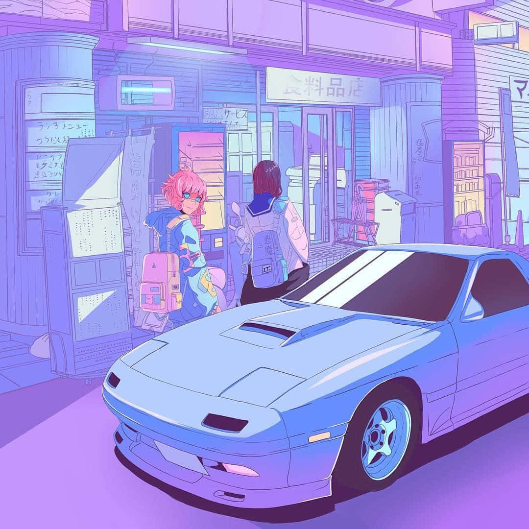 漫畫gif 桌布 壁紙 — 兩個背著背包的動漫青少年站在一輛藍色跑車旁邊，背景是霓虹燈照亮的日本街道場景。