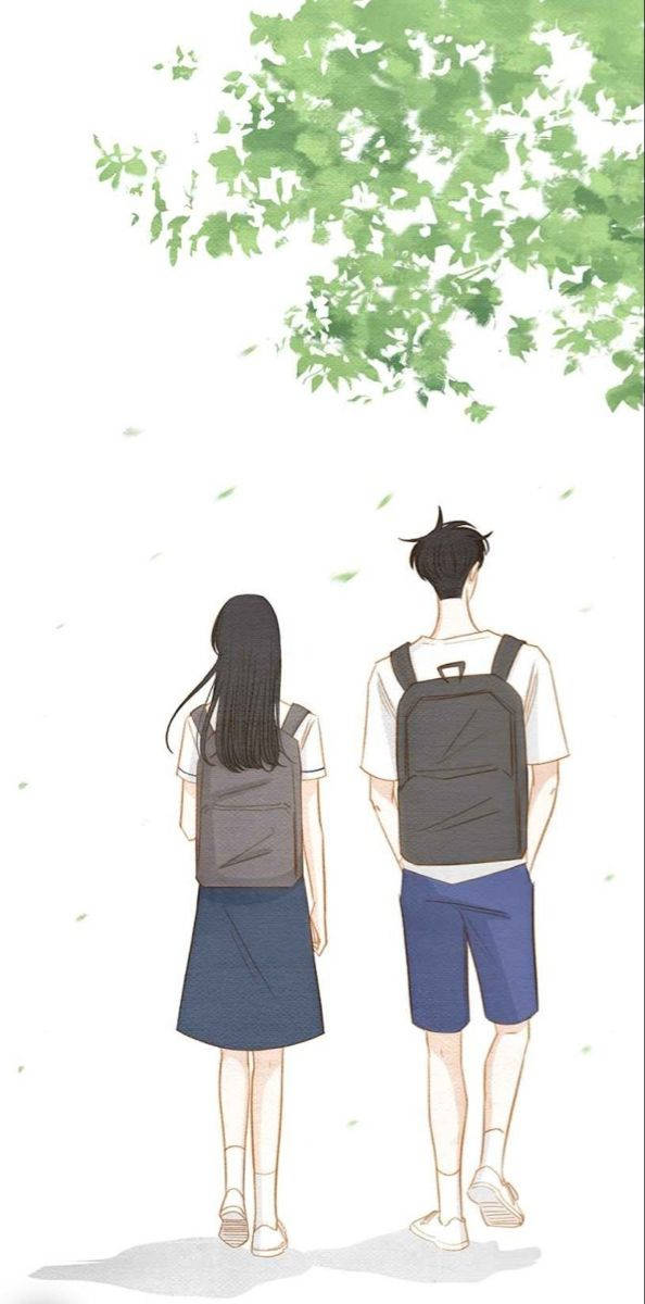 Beloved 桌布 壁紙 — 兩個背著背包的學生在晴朗的日子裡走在綠樹成蔭的樹冠下。