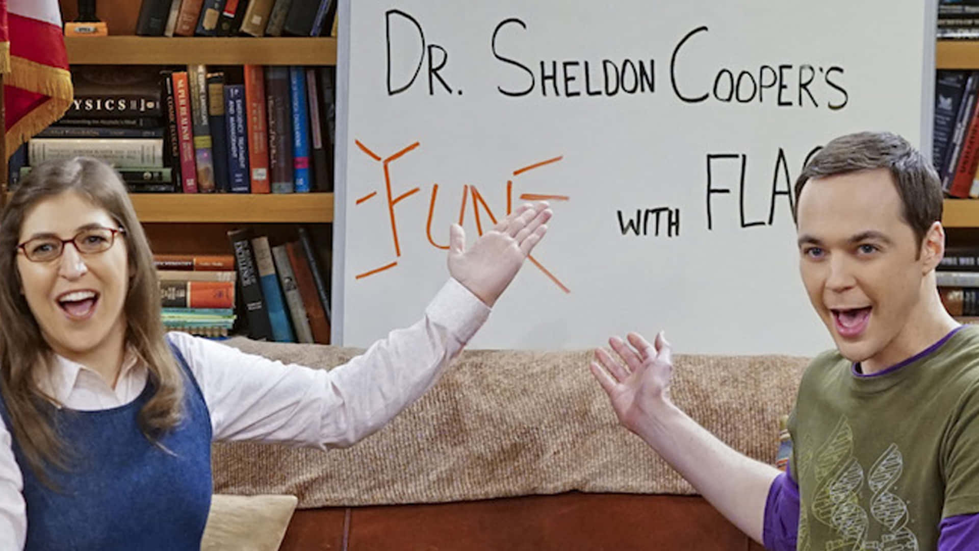 Funny Teams 桌布 壁紙 — 兩個興奮的角色在一個充滿書架的房間裡，在寫有「Dr. Sheldon Cooper's Fun with Flags」的白板前擊掌。