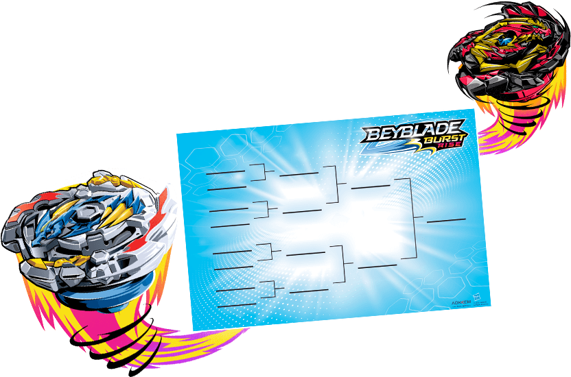 Beyblade 桌布 壁紙 — 兩個色彩繽紛的Beyblade陀螺在帶有發光效果的錦標賽括號圖形周圍動態旋轉。
