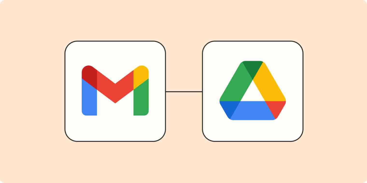 google 桌布 壁紙 — 兩個色彩繽紛的Google應用程式圖示Gmail和Google Drive，以一條線連接在柔和的桃色背景上。