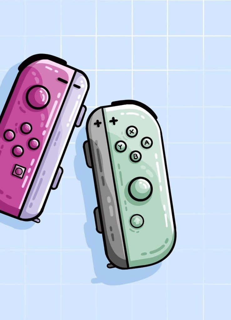 Gaming Art 桌布 壁紙 — 兩個色彩繽紛的Nintendo Switch Joy-Con，一個粉紅色，一個薄荷綠色，放在淺藍色網格背景上。