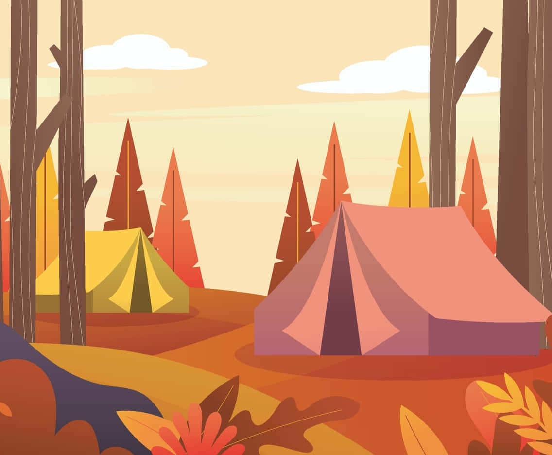 Camp 桌布 壁紙 — 兩個色彩繽紛的帳篷坐落在森林中，周圍有秋天的樹木和飄落的樹葉，天空柔和。