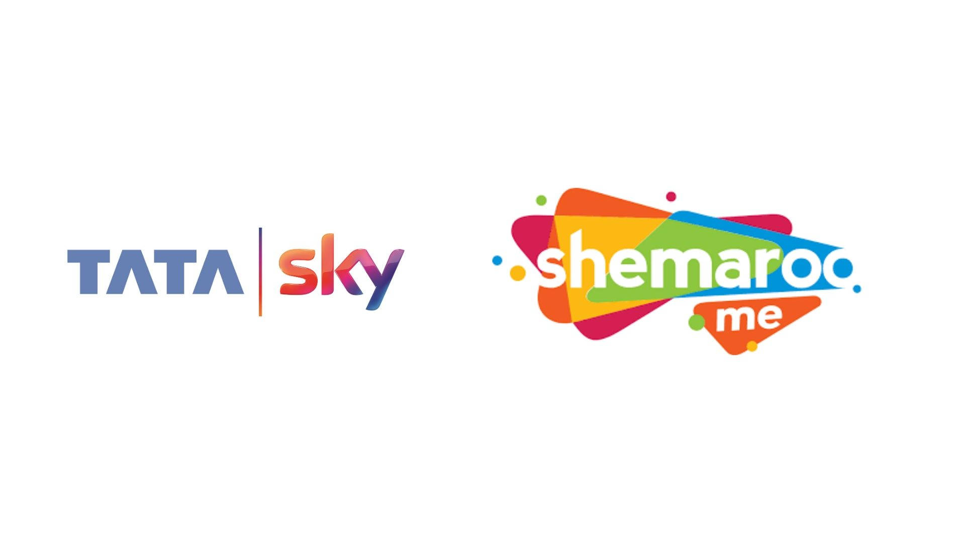 標誌 桌布 壁紙 — 兩個色彩繽紛的標誌 Tata Sky 和 Shemaroc me 並排顯示在純白色背景上。