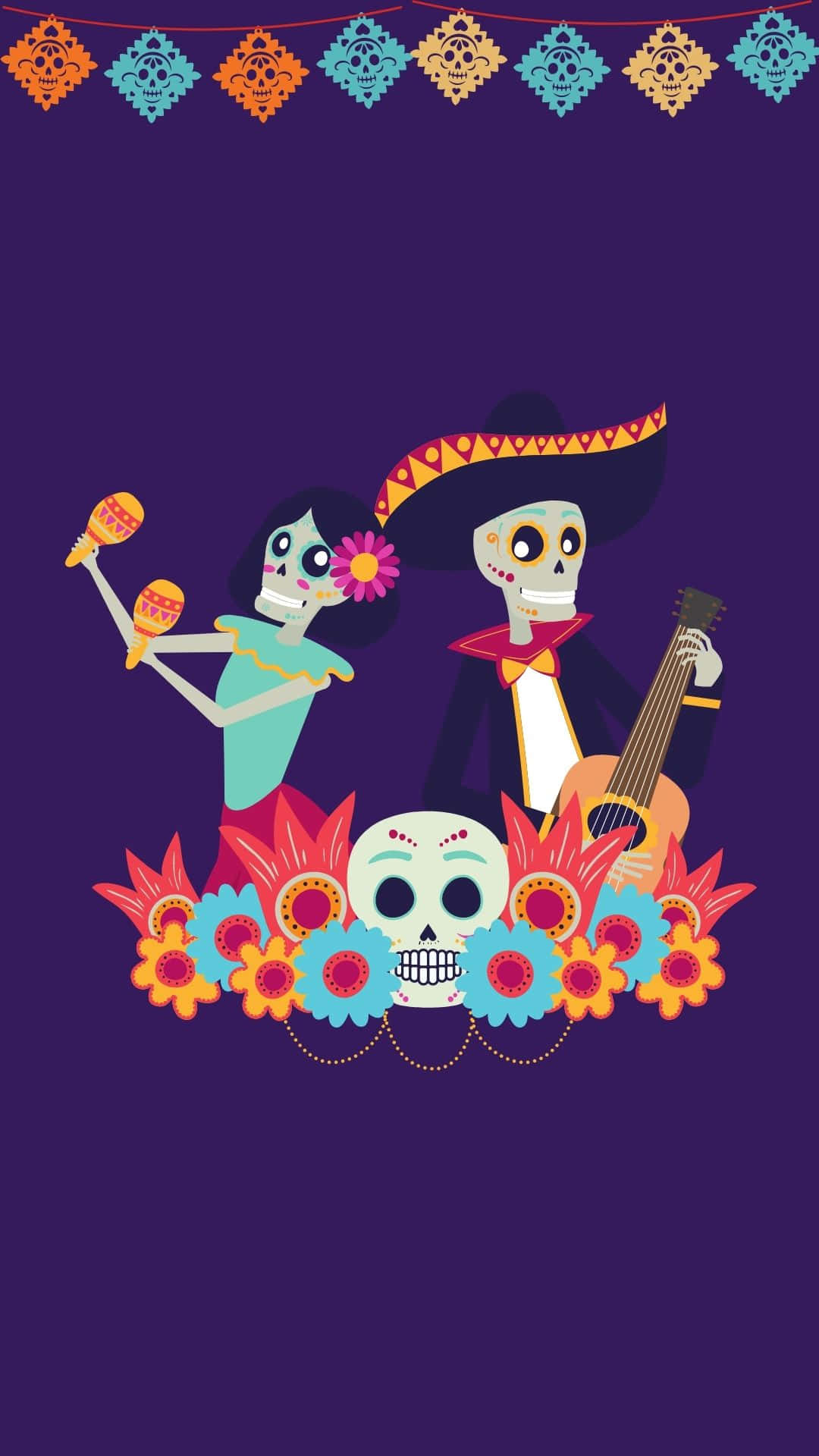 Skeleton Costumes 桌布 壁紙 — 兩個色彩繽紛的糖骷髏在節日的 papel picado 橫幅和花環下，手持沙槌和吉他跳舞。