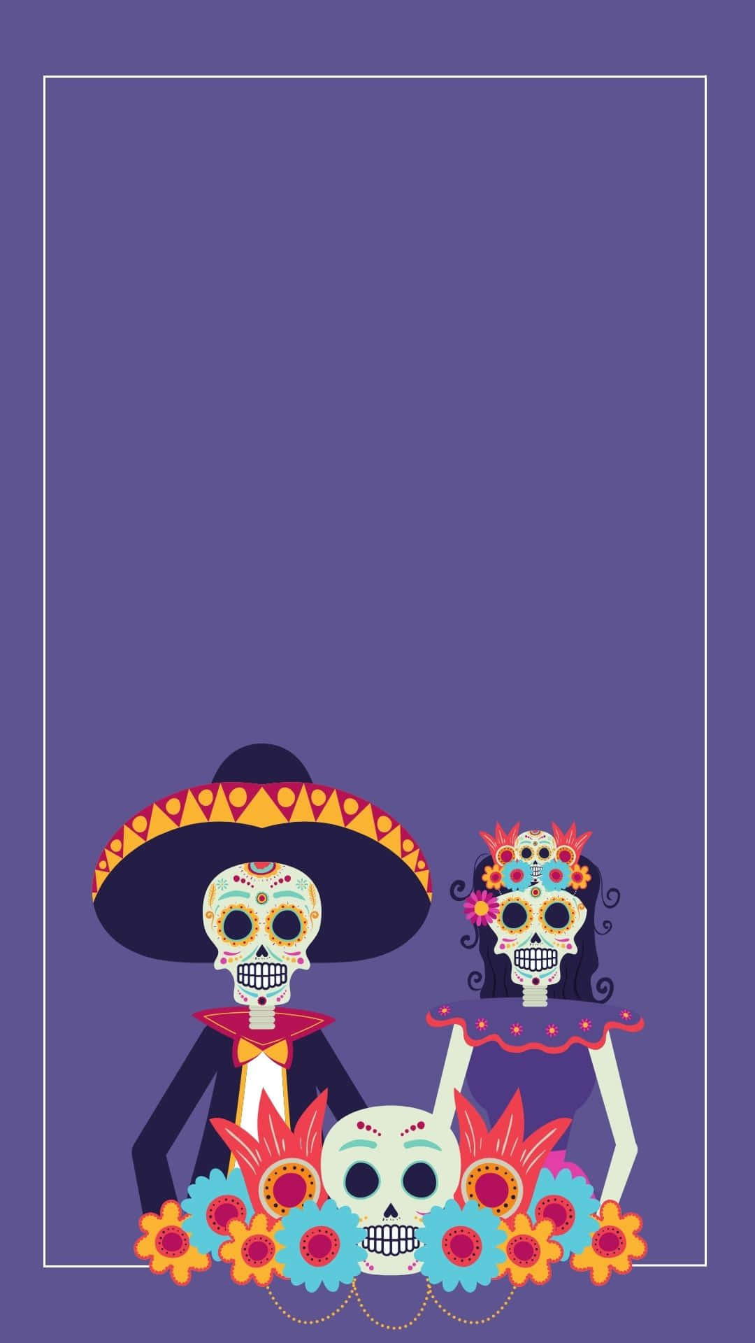 Skeleton Costumes 桌布 壁紙 — 兩個色彩繽紛的糖骷髏穿著傳統墨西哥服飾，站在一個花卉骷髏旁邊，背景為紫色。