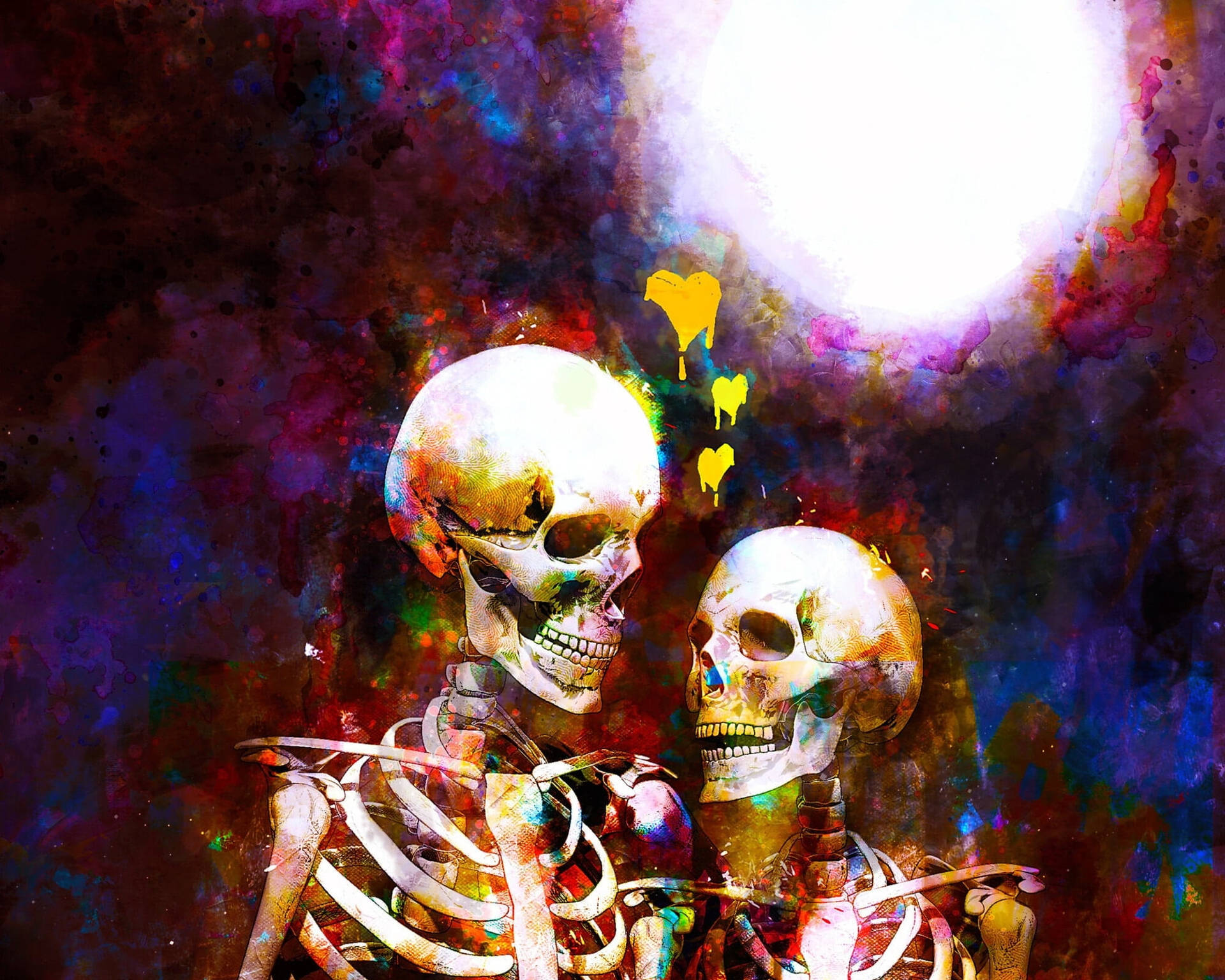 Painting 桌布 壁紙 — 兩個色彩繽紛的骷髏在發光的月亮下互相凝視，滴落的黃色心臟，採用充滿活力的水彩風格。