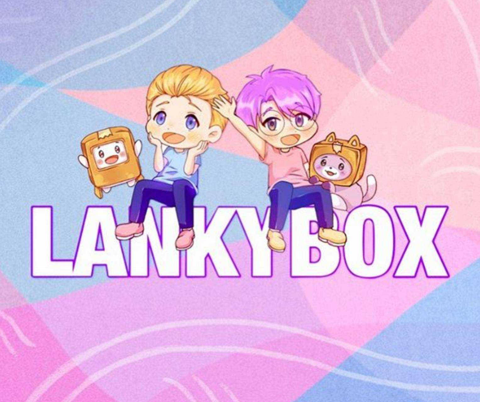 Lankybox 桌布 壁紙 — 兩個色彩繽紛頭髮的Q版動漫角色坐在柔和漸變背景前，抱著可愛的盒子吉祥物。