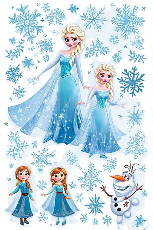 Frozen Elsa & Anna Winter 壁紙 — 兩個艾莎公仔和兩個安娜公仔身穿藍色禮服，站在飄落的雪花中，雪人奧拉夫在附近微笑。