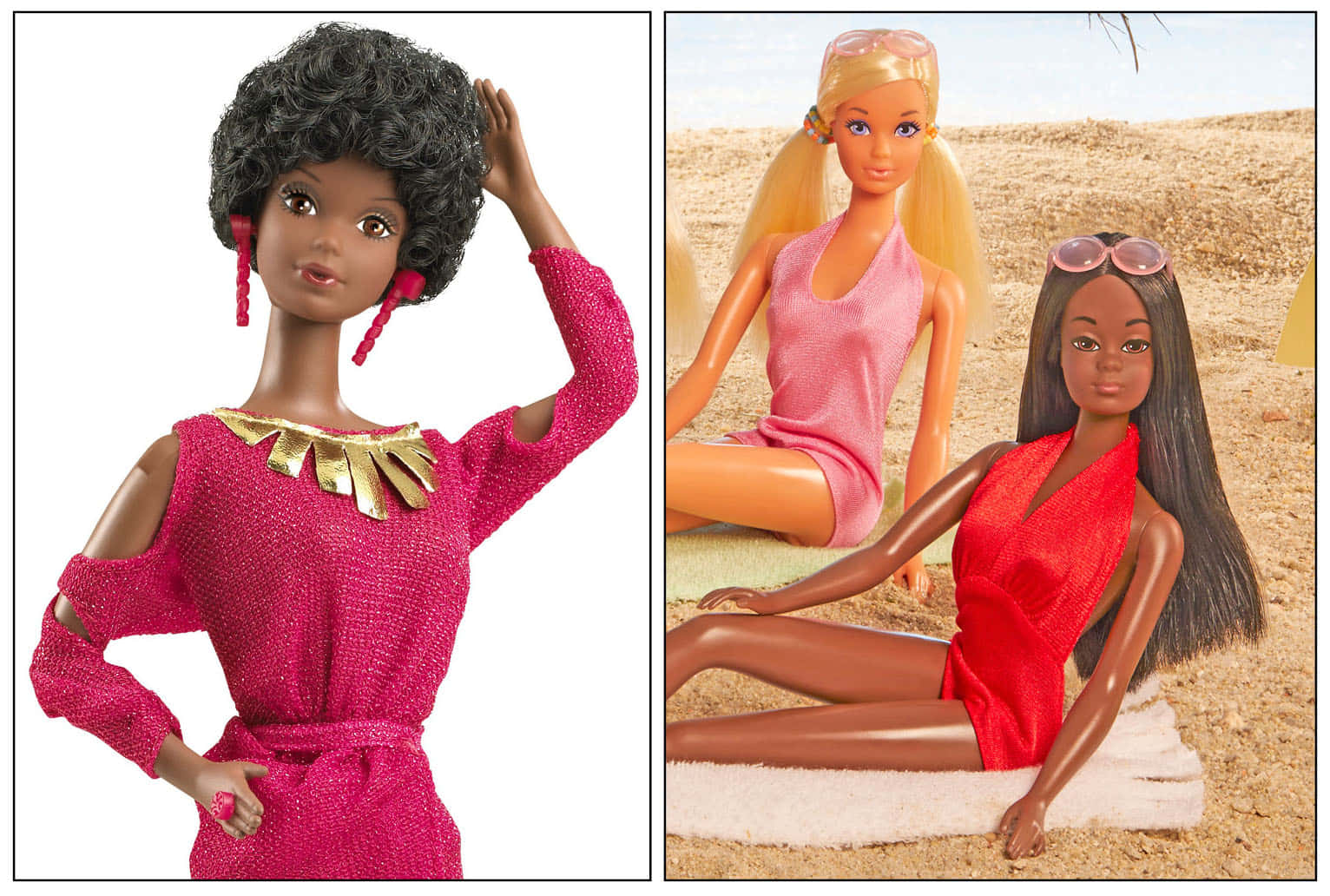 Barbie Doll 桌布 壁紙 — 兩個芭比娃娃穿著鮮豔服裝，一個穿著粉紅色連衣裙在白色背景前擺姿勢，另一個穿著紅色泳衣在海灘毛巾上放鬆。