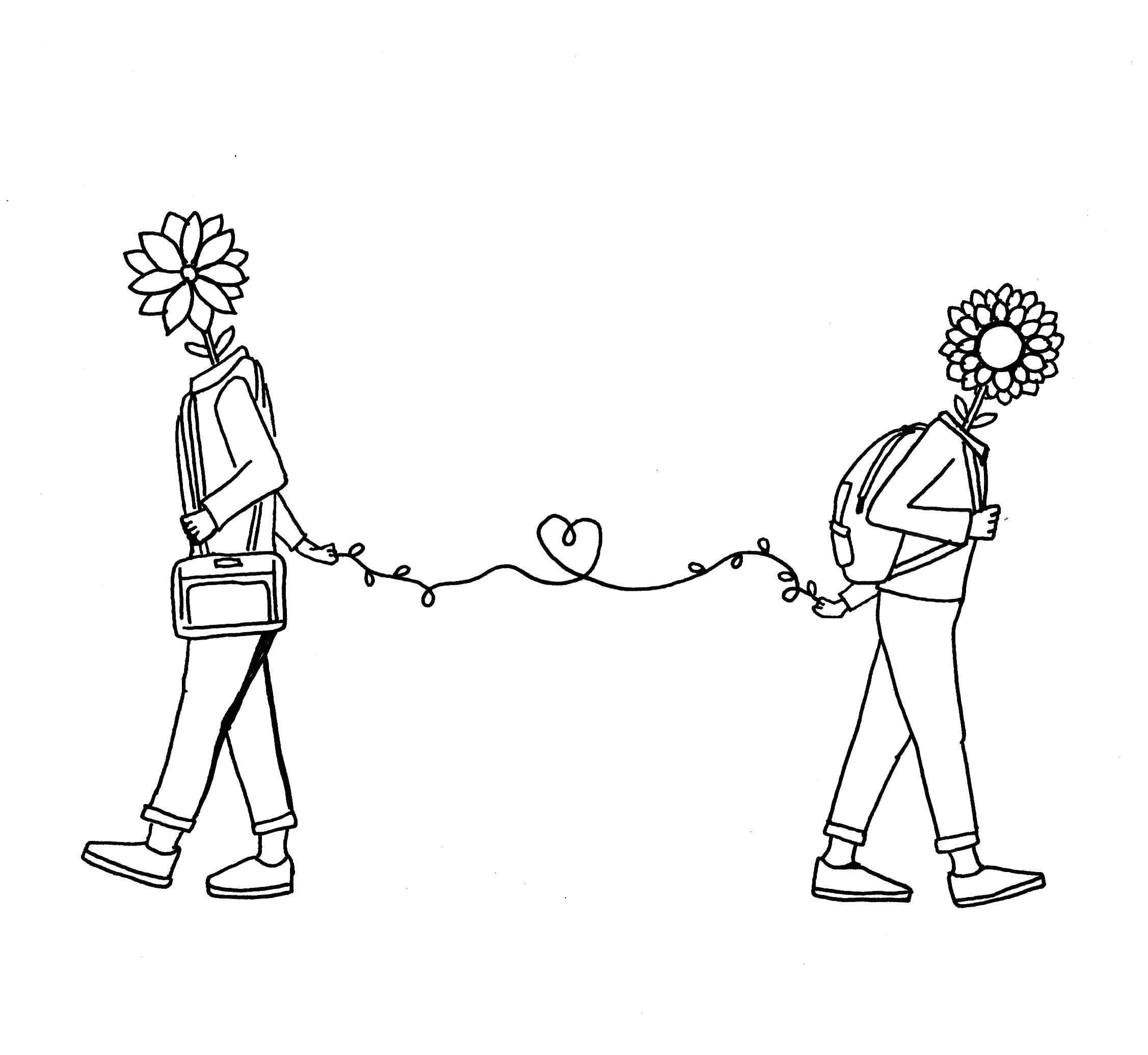Relationship 桌布 壁紙 — 兩個花頭的人手牽手走著，他們之間拿著一條心形繩子。