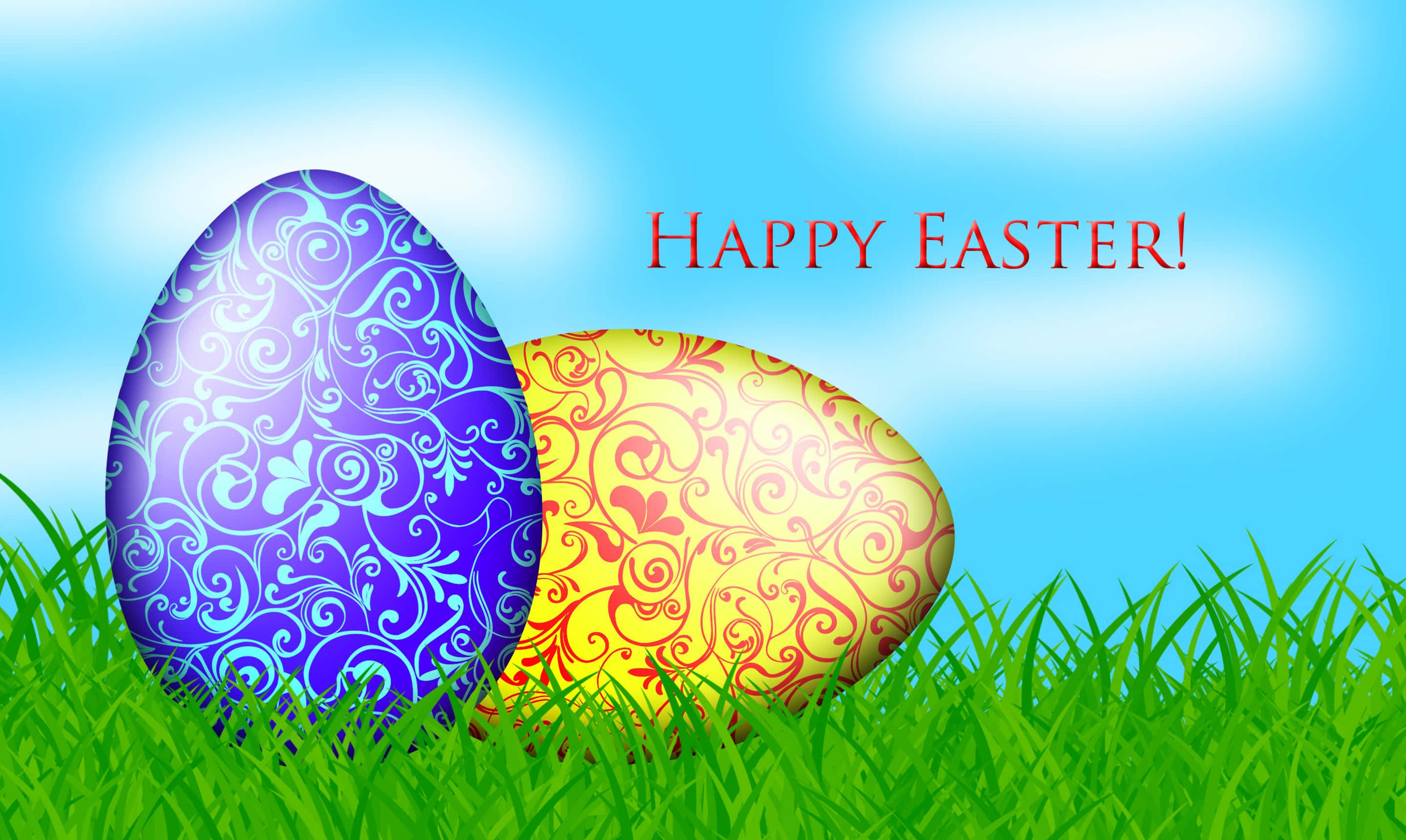 Happy Easter 桌布 壁紙 — 兩個華麗圖案的復活節蛋放在充滿活力的綠色草地上，在明亮的藍天下，帶有歡樂的問候。