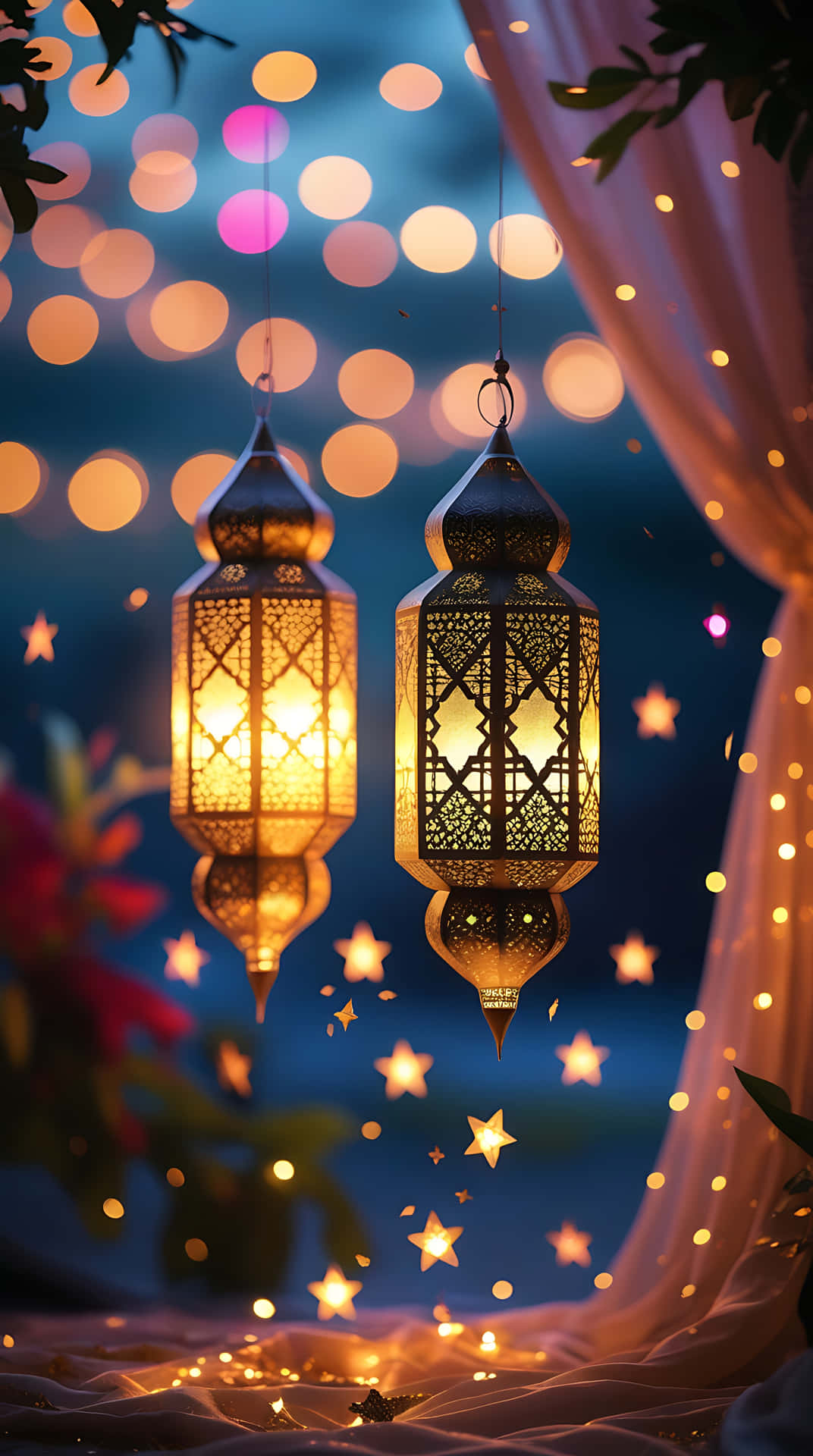 Ramadan Lanterns Illuminating a Tranquil Night. smartphone wallpaper 壁紙 — 兩個華麗發光的燈籠懸掛在漂浮的星光和柔軟的垂墜布料中，背景是散景夜空。