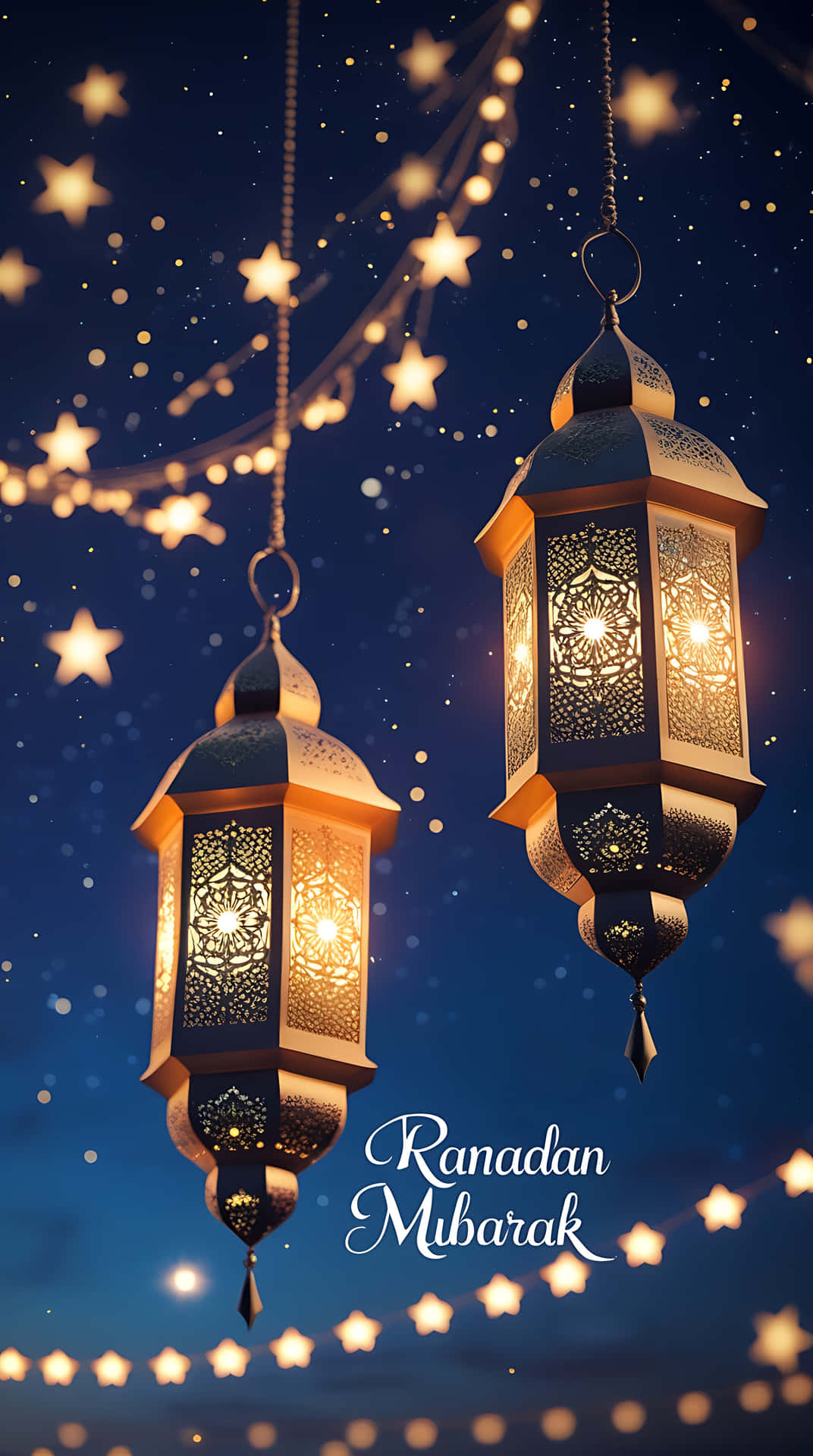 Ramadan Mubarak with Starry Sky and Hanging Lanterns. smartphone wallpaper 壁紙 — 兩個華麗發光的燈籠掛在繁星點點的夜空下，配有燈串和「Ramadan Mubarak」文字。