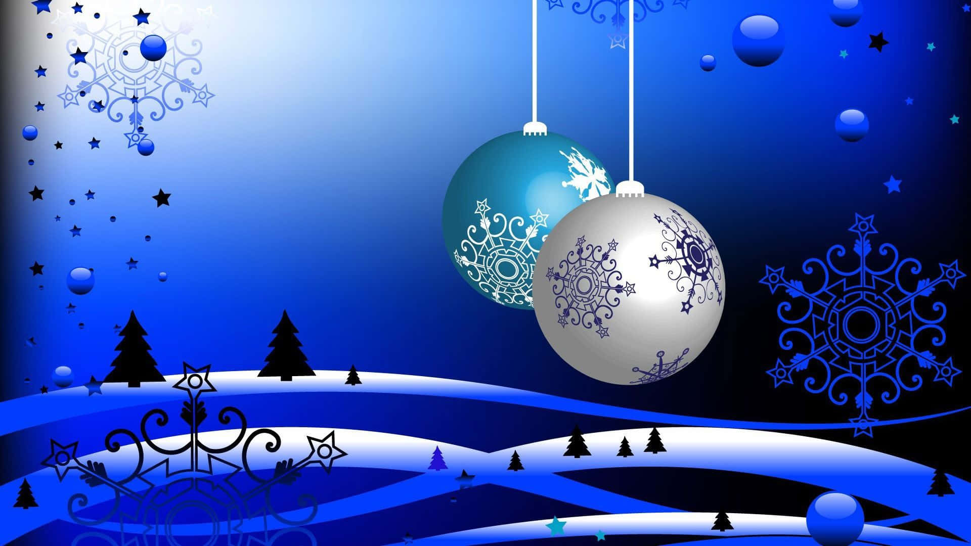 Animated 桌布 壁紙 — 兩個華麗的懸掛聖誕裝飾品在星空藍天下漂浮在雪景之上。