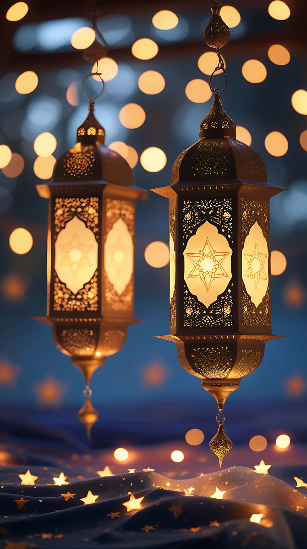 Ramadan lantern illuminate a serene night. smartphone wallpaper 壁紙 — 兩個華麗的掛燈籠，帶有發光的星星圖案，在金色球體和星形織物的散景背景上投射出溫暖的光芒。