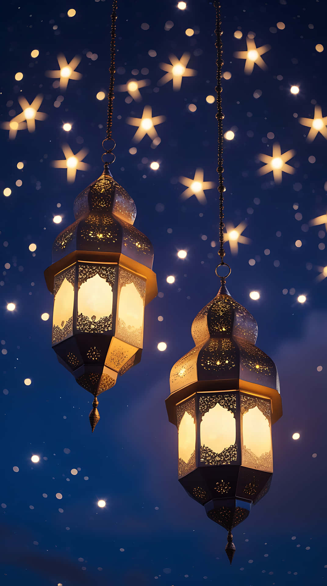 Ramadan Mubarak with Starry Sky and Hanging Lanterns. smartphone wallpaper 壁紙 — 兩個華麗的掛燈籠在佈滿閃爍星光的夜空下溫暖地發光。