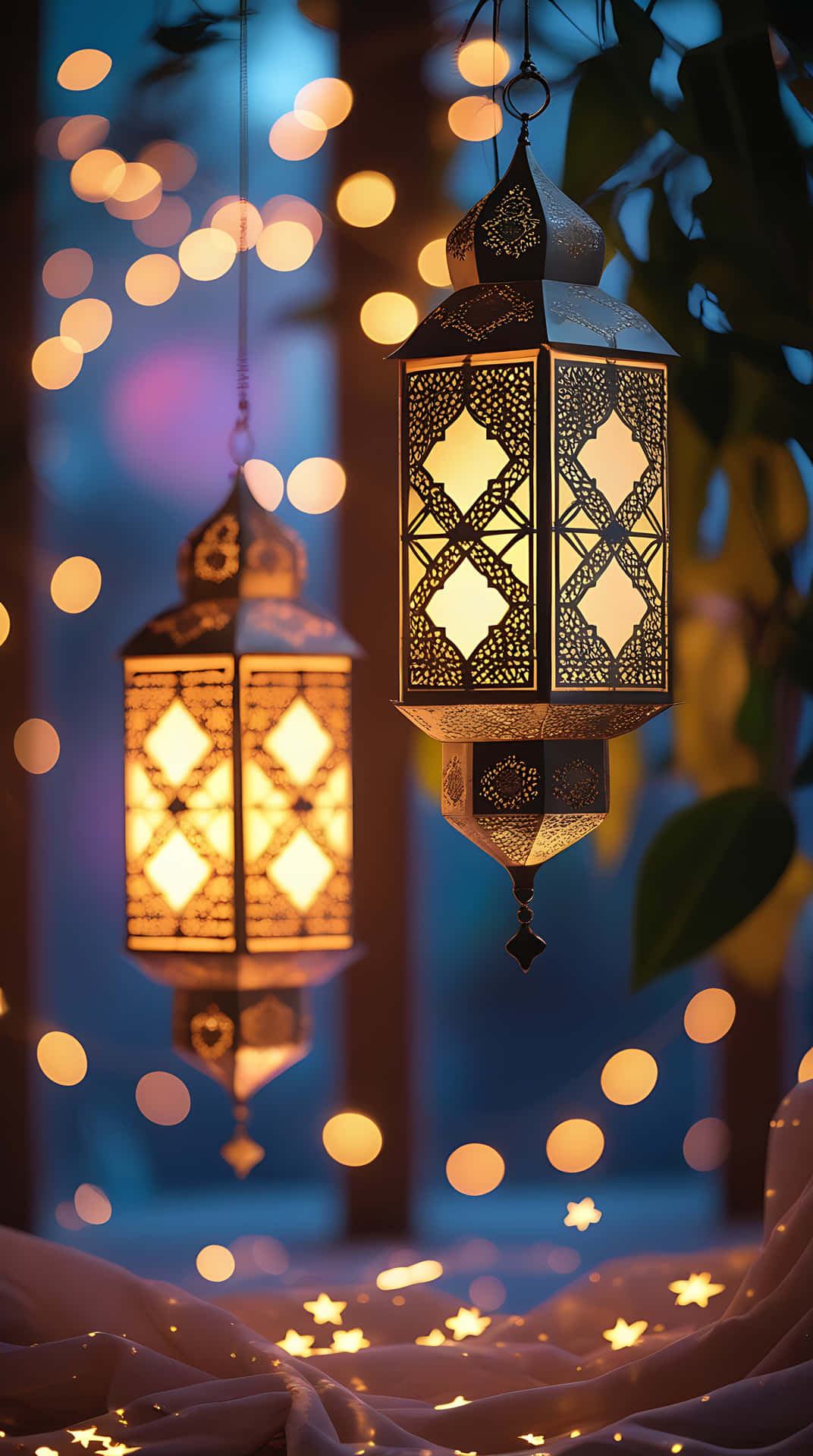 Ramadan Lanterns Illuminating a Tranquil Night. smartphone wallpaper 壁紙 — 兩個華麗的掛燈籠在散景背景中溫暖地發光，背景有閃爍的燈光和柔軟的樹葉。