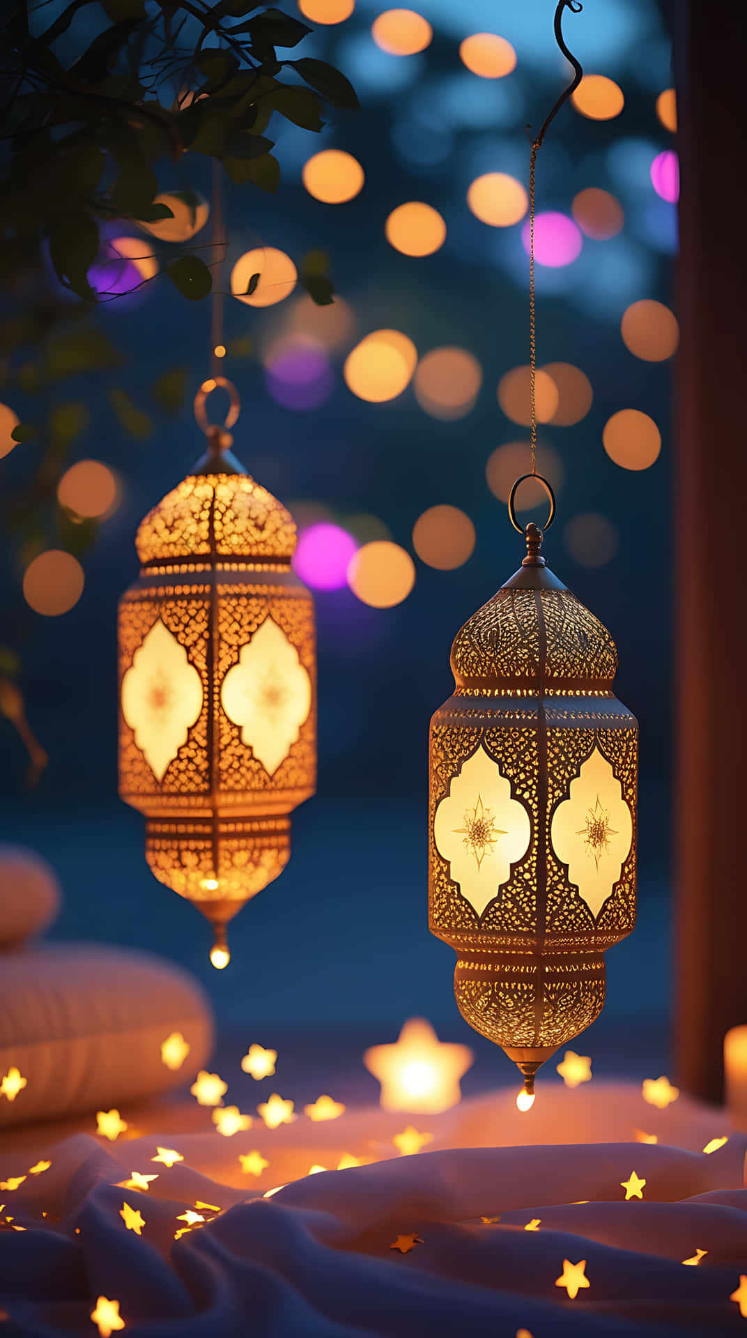 Ramadan Lanterns Illuminating a Tranquil Night. smartphone wallpaper 壁紙 — 兩個華麗的掛燈籠在散落星光的柔軟布料上，對著散景夜空溫暖地發光。