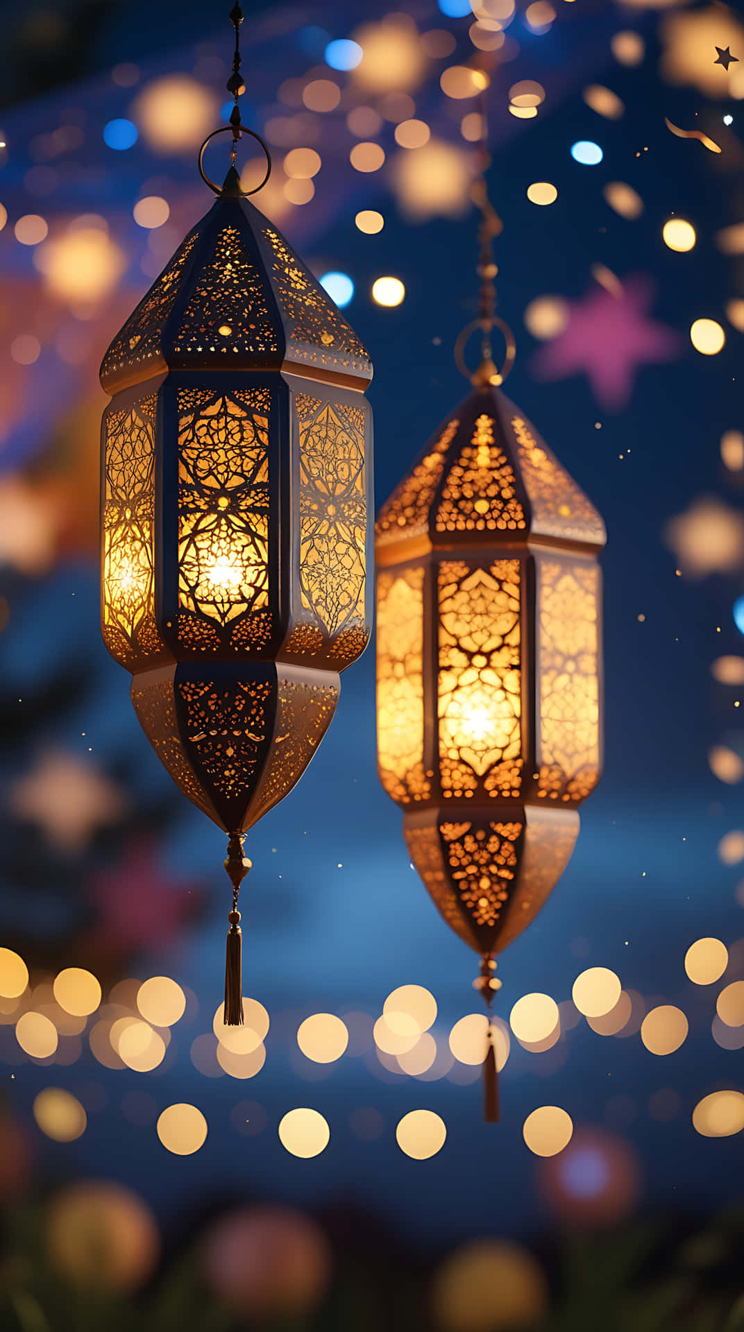Ramadan lantern illuminate a serene night. smartphone wallpaper 壁紙 — 兩個華麗的掛燈籠在星空夜景中溫暖地發光，帶有散景燈光。