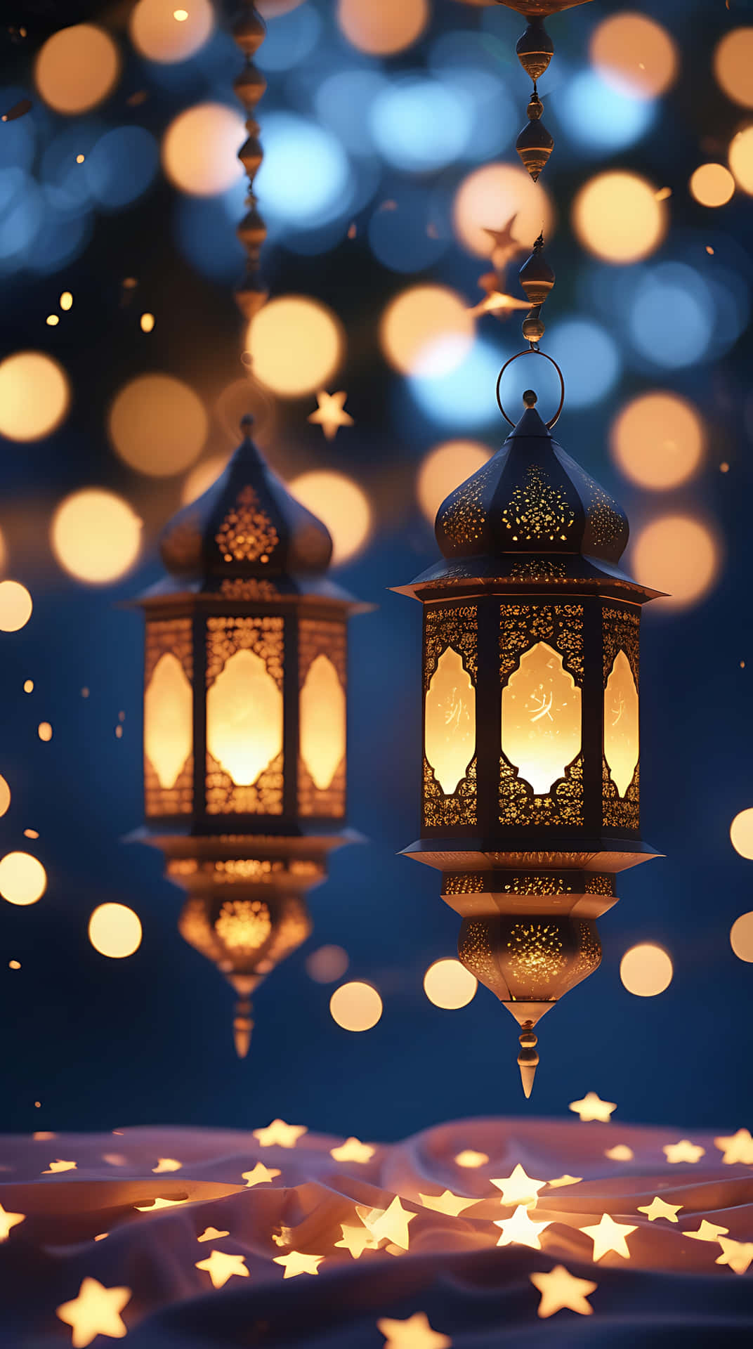 Ramadan lantern illuminate a serene night. smartphone wallpaper 壁紙 — 兩個華麗的掛燈籠在藍色和金色燈光散落的星形散景背景中溫暖地發光。