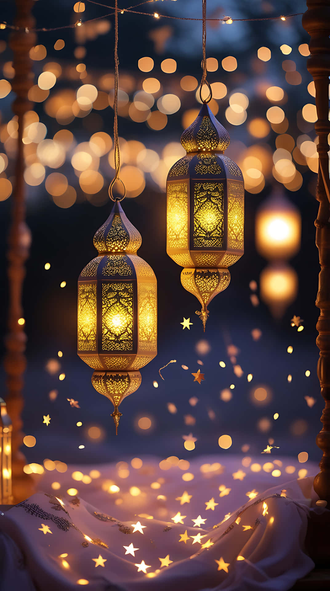Ramadan lantern illuminate a serene night. smartphone wallpaper 壁紙 — 兩個華麗的金色燈籠懸掛在閃爍燈光和星形閃爍的散景背景前。
